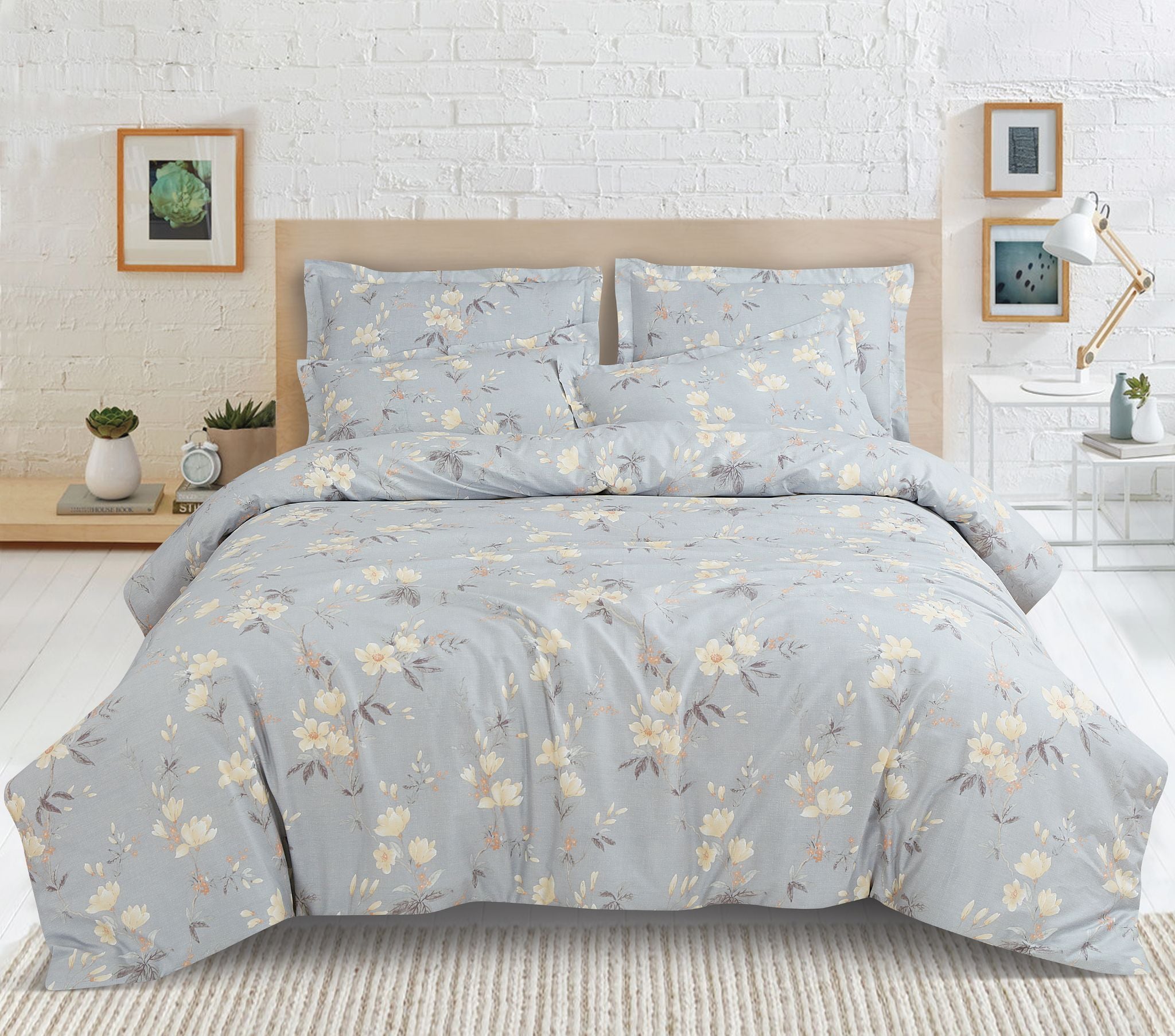 100% Cotton King Size Botanic Grey Royale XL Bed Sheet Set With 2 Pillow Covers