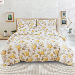 Malako Royale XL Bedding Set - White & Yellow Botanic 100% Cotton King Size Bedsheet With Comforter
