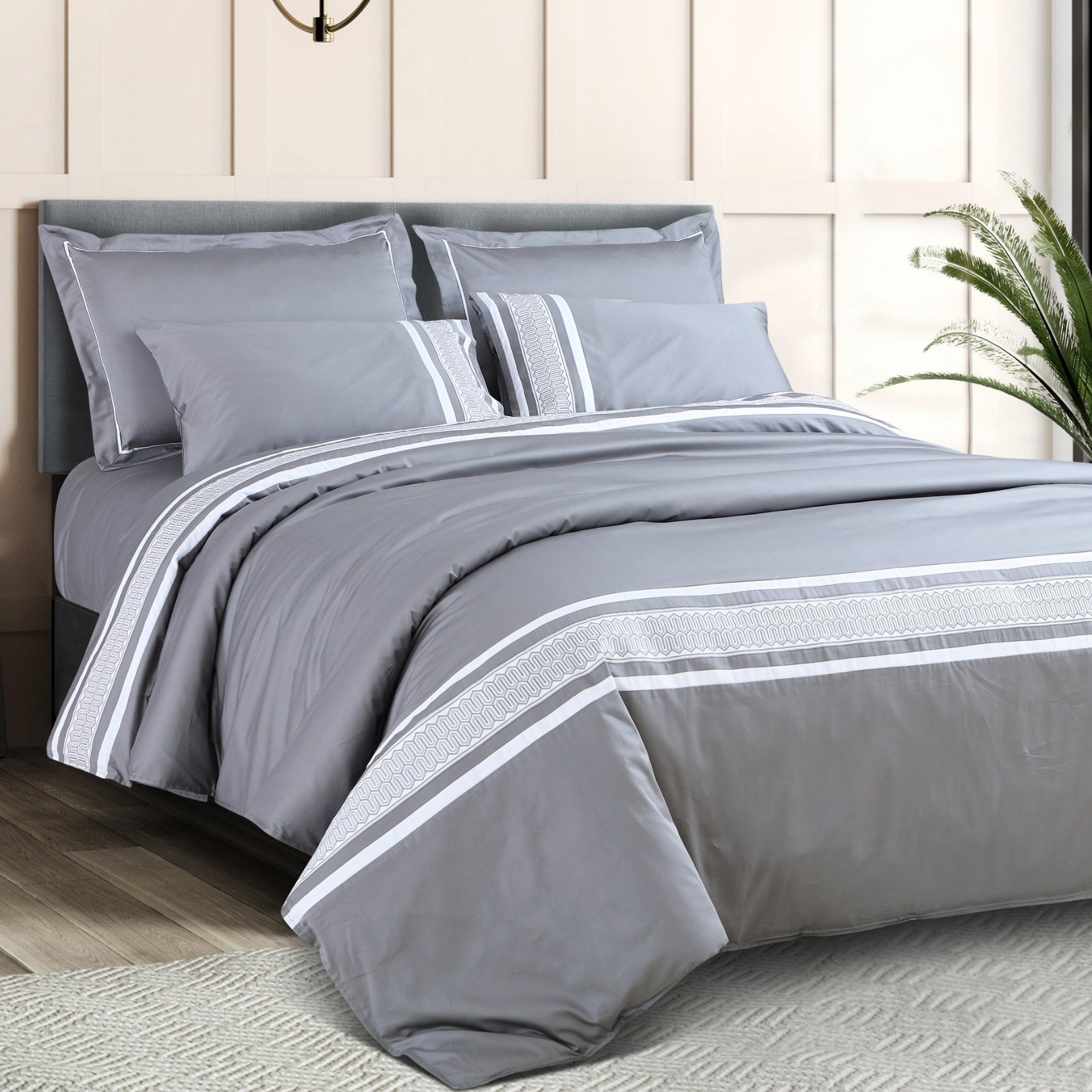 Petal Soft Vivid Embroidered Duvet Cover Set - Grey 100% Cotton King Size Duvet Set