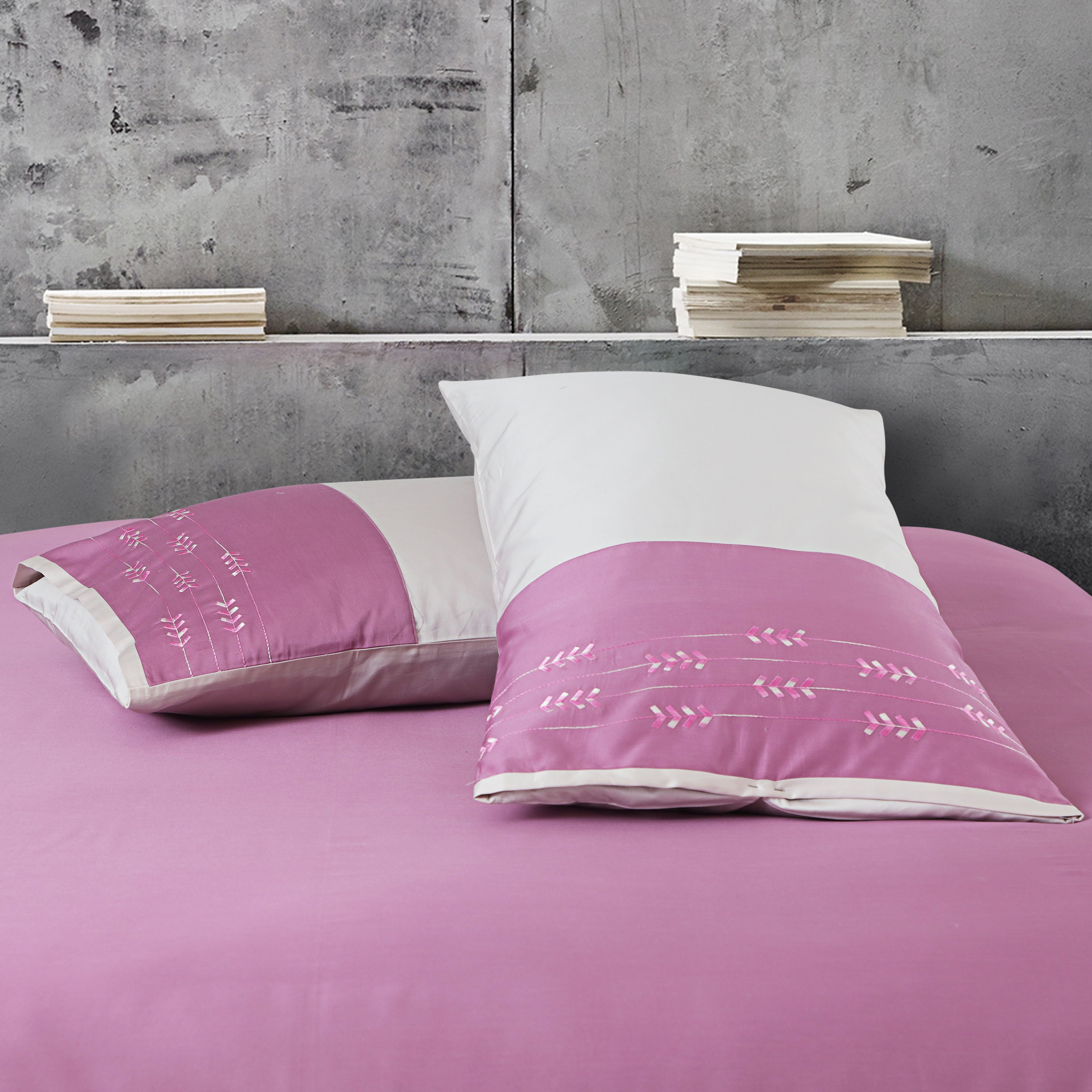 Malako Embroidered Duvet Cover Set - Fohn & Mauve 100% Cotton King Size Duvet Set