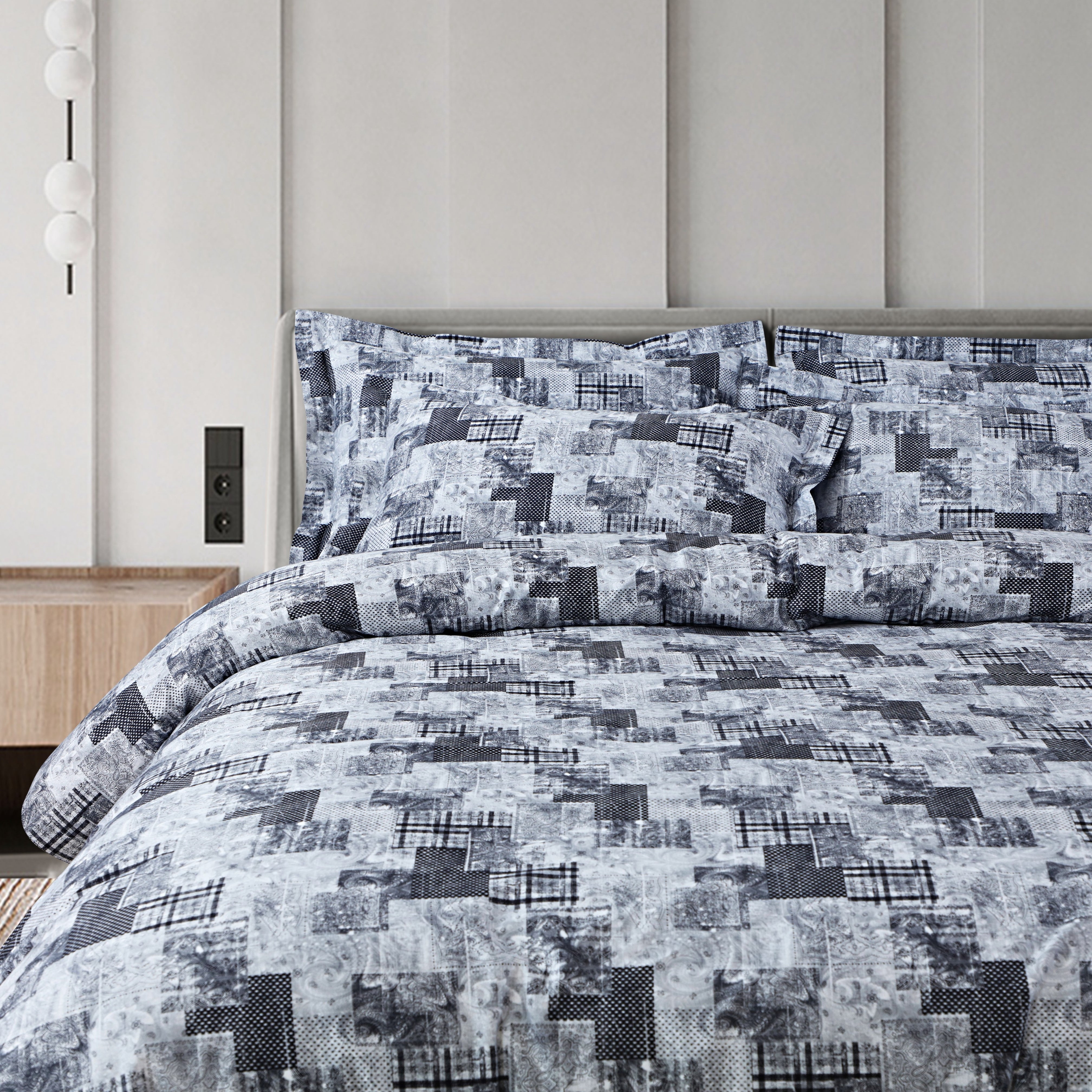 Malako Caèn White & Grey Abstract 400 TC 100% Cotton King Size Bedsheet/Duvet Cover