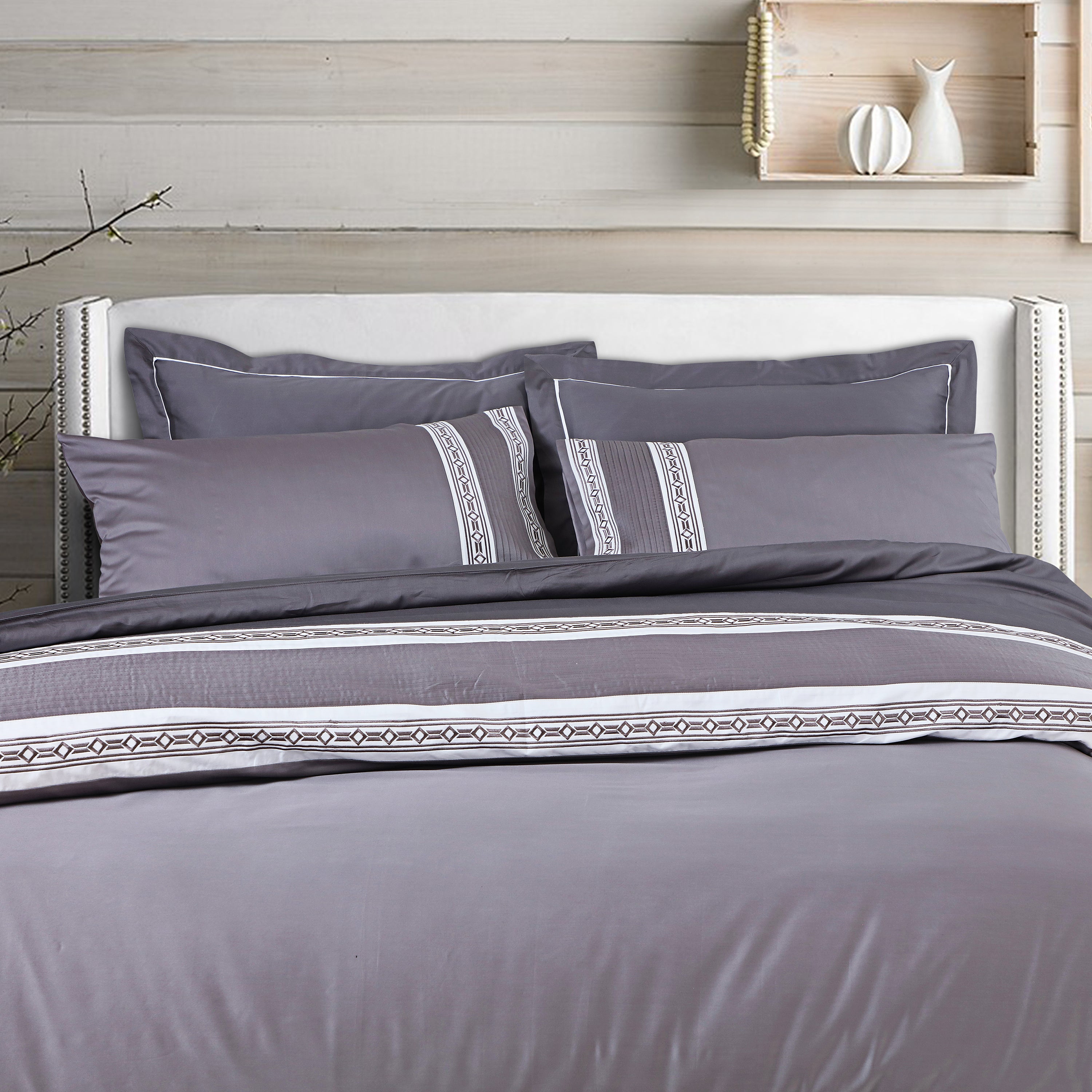 Malako Embroidered Duvet Cover Set - Grey 100% Cotton King Size Duvet Set