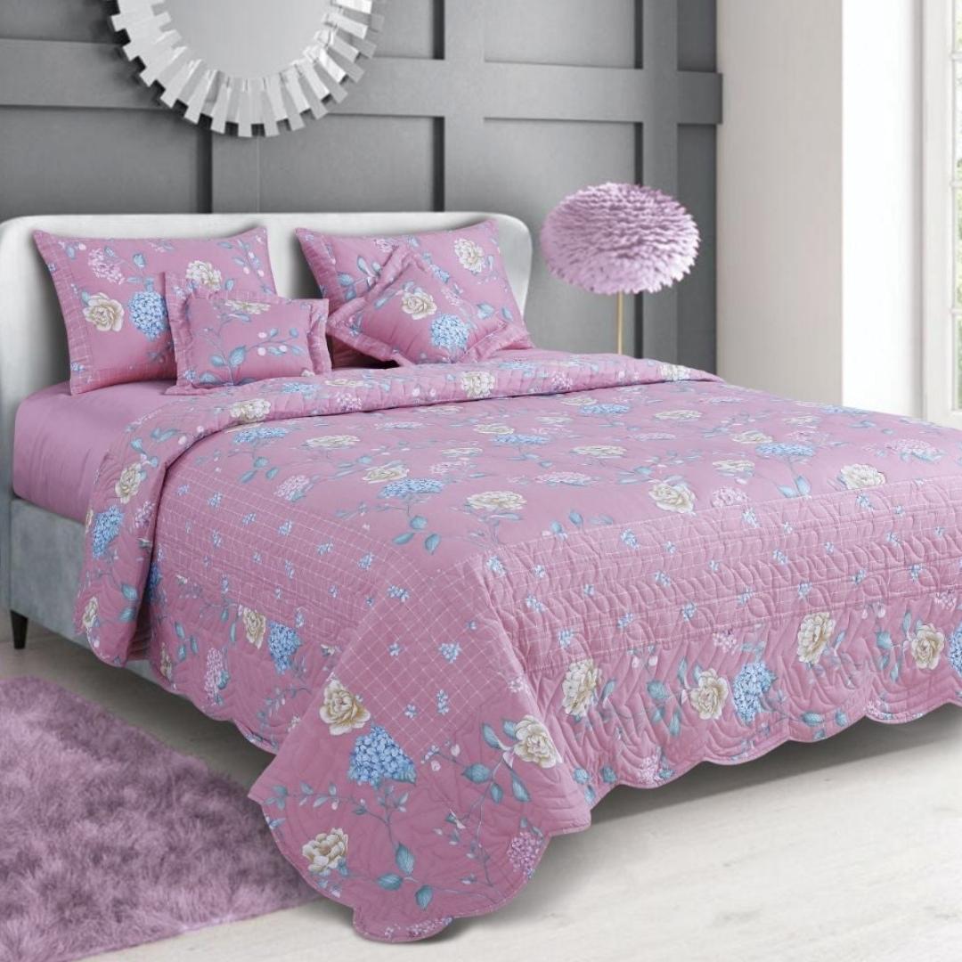 Petal Soft Orchid Quilted Bed Cover - French Rose Pink Floral 100% Cotton King Size Bedspread
