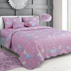 Petal Soft Orchid Quilted Bed Cover - French Rose Pink Floral 100% Cotton King Size Bedspread