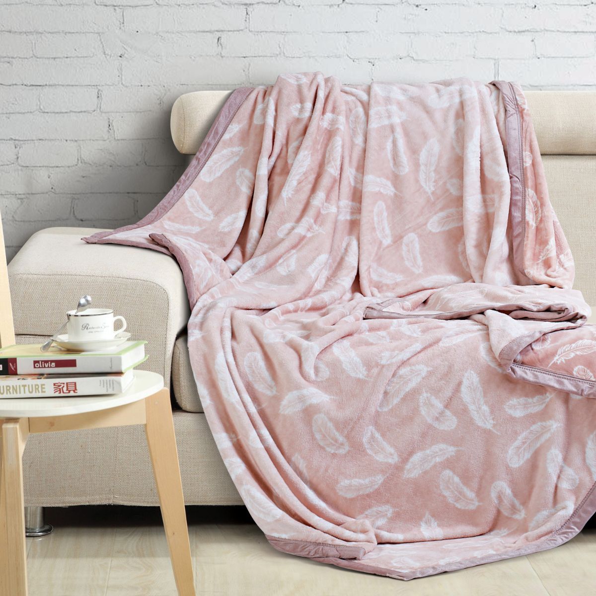Malako Double Bed Blanket - Heavy Plush Peach Leaves Printed Blanket