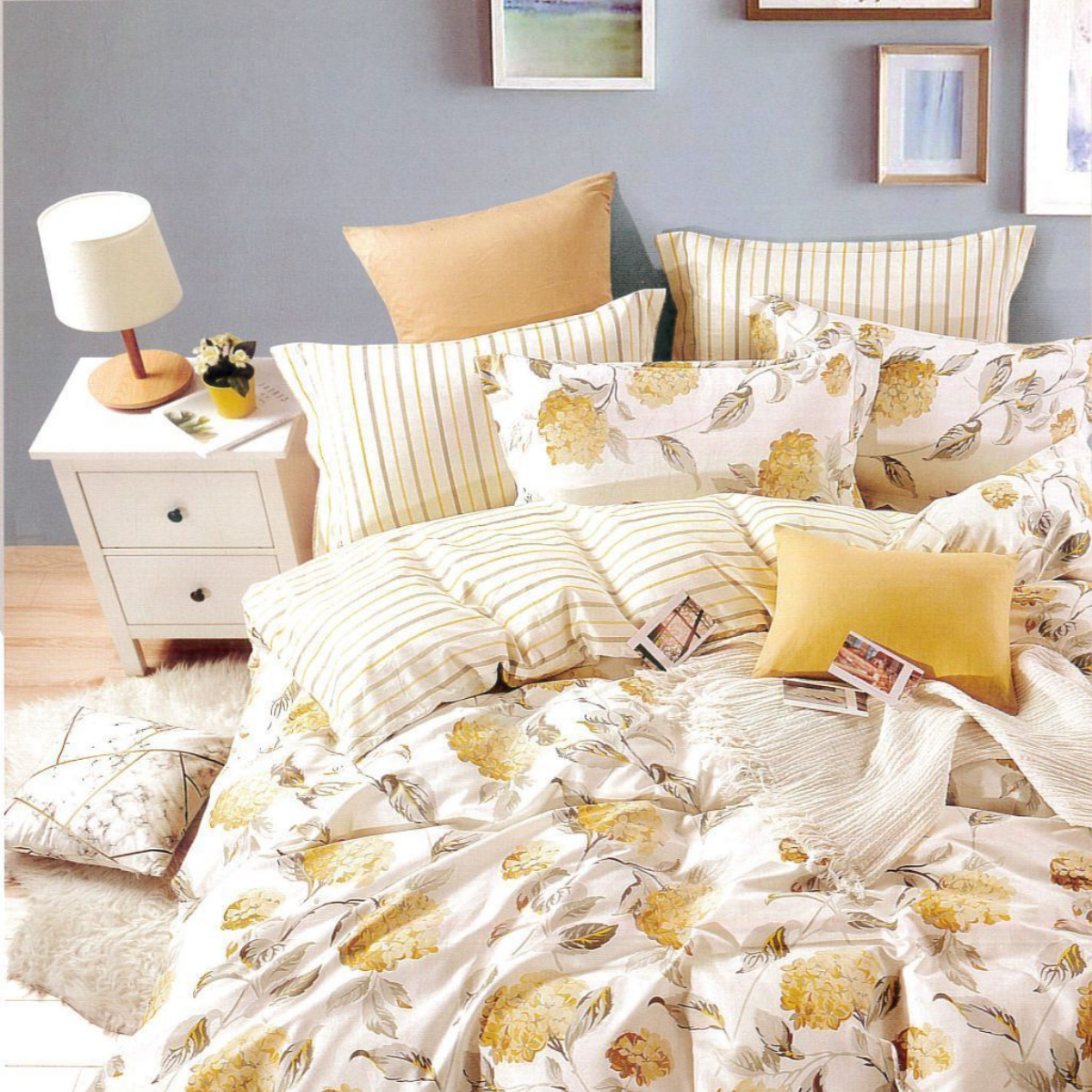 Malako Royale XL Bed Sheet - Off White & Yellow Botanic King Size 100% Cotton Bedsheet