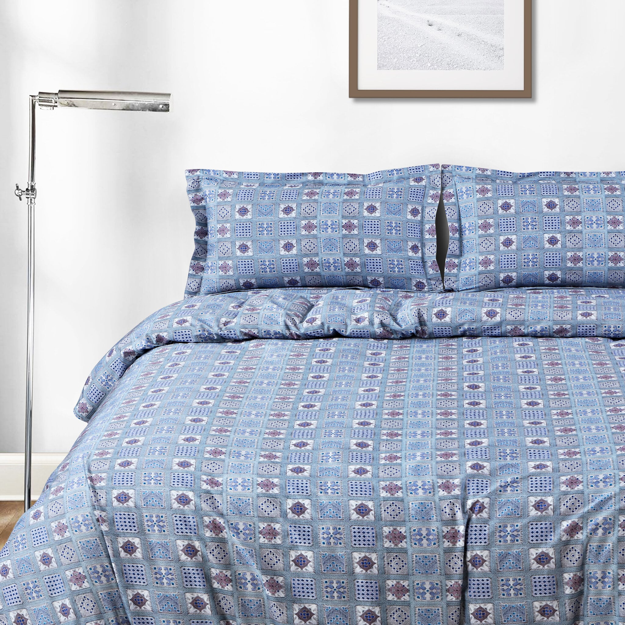 Malako Basel Bedding Set - Blue Abstract 100% Cotton King Size Bedsheet With Comforter