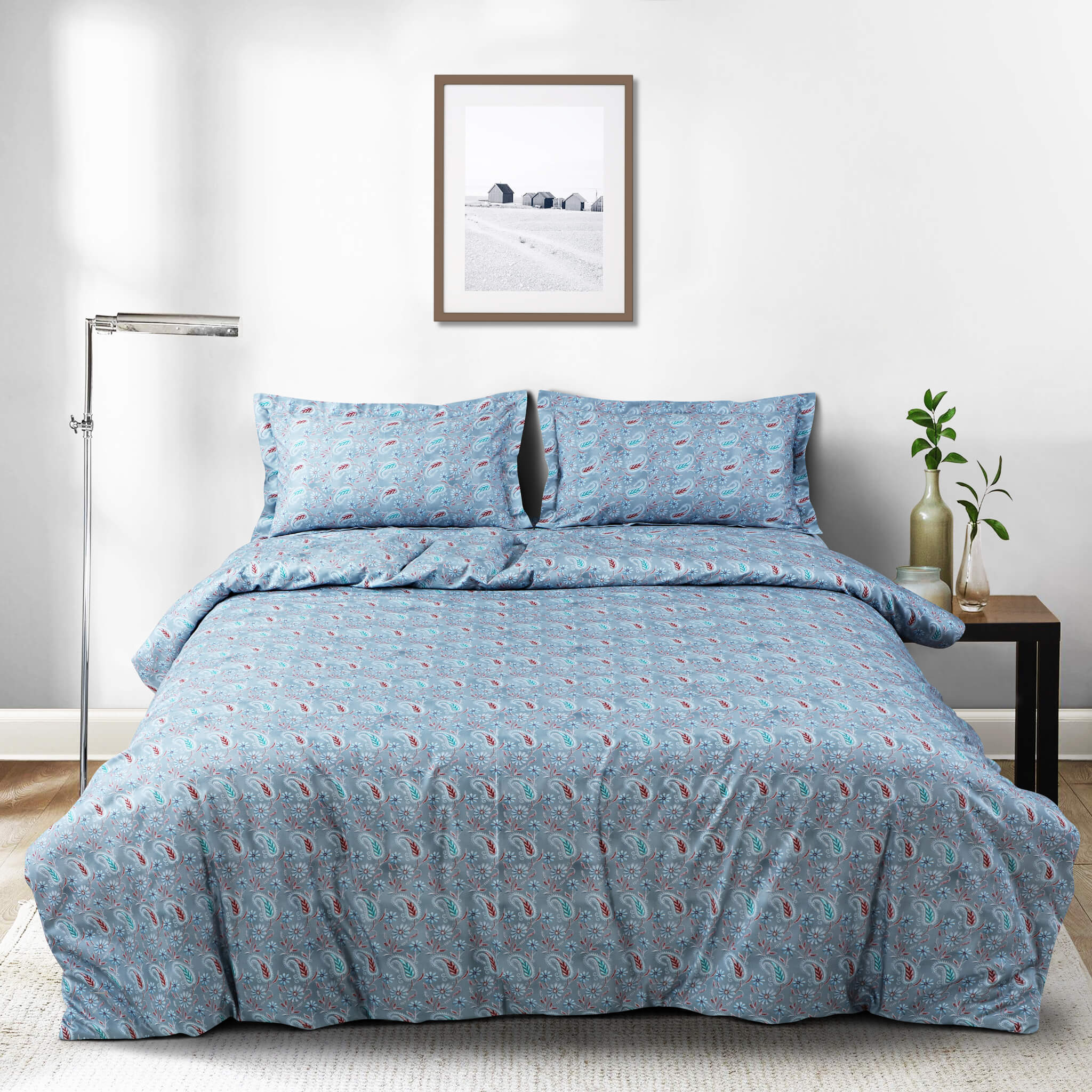 Malako Basel Bedding Set - Blue Paisley 100% Cotton King Size Bedsheet With Comforter