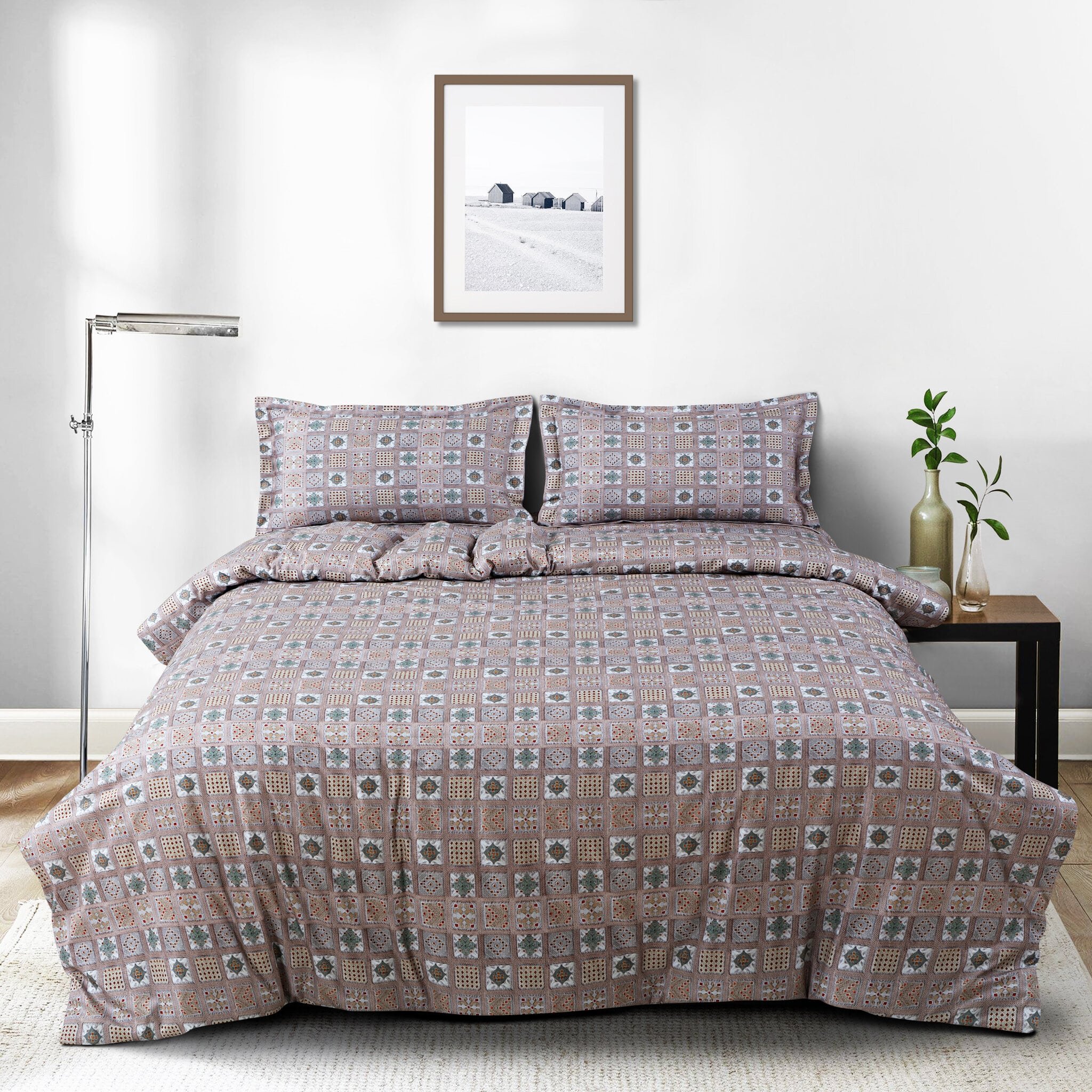 Malako Basel Bedding Set - Brown Abstract 100% Cotton King Size Bedsheet With Comforter