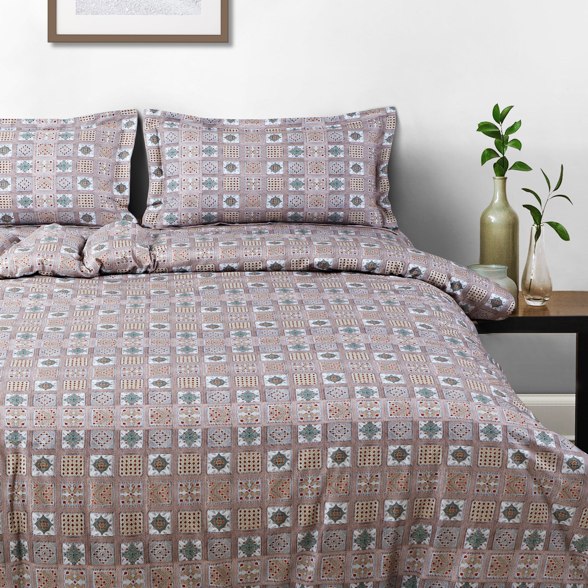 Malako Basel Bedding Set - Brown Abstract 100% Cotton King Size Bedsheet With Comforter