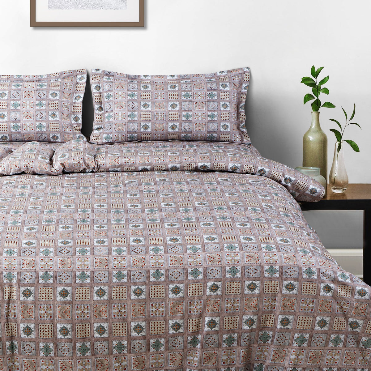 Malako Basel Bedding Set - Brown Abstract 100% Cotton King Size Bedsheet With Comforter