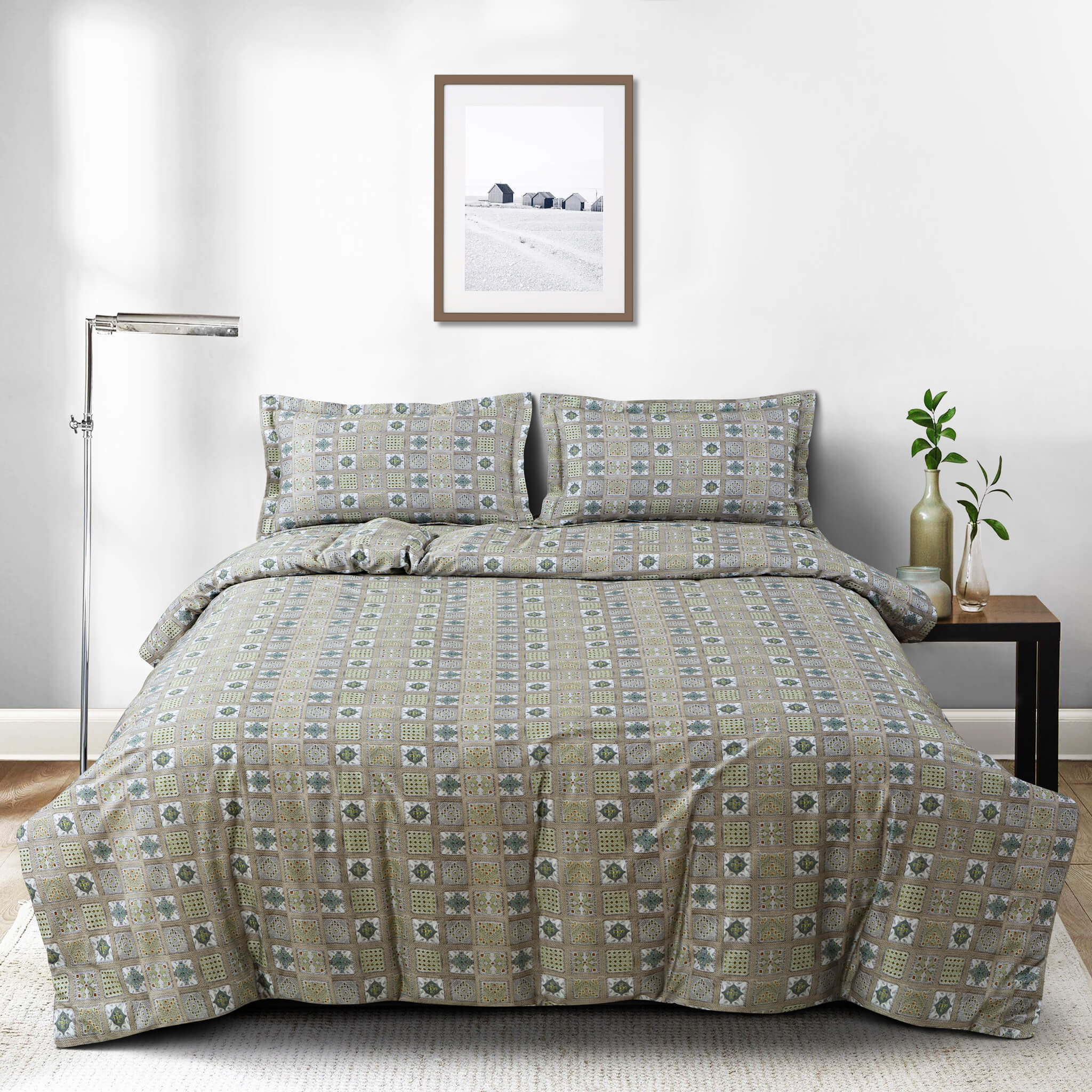 Malako Basel Bedding Set - Green Abstract 100% Cotton King Size Bedsheet With Comforter