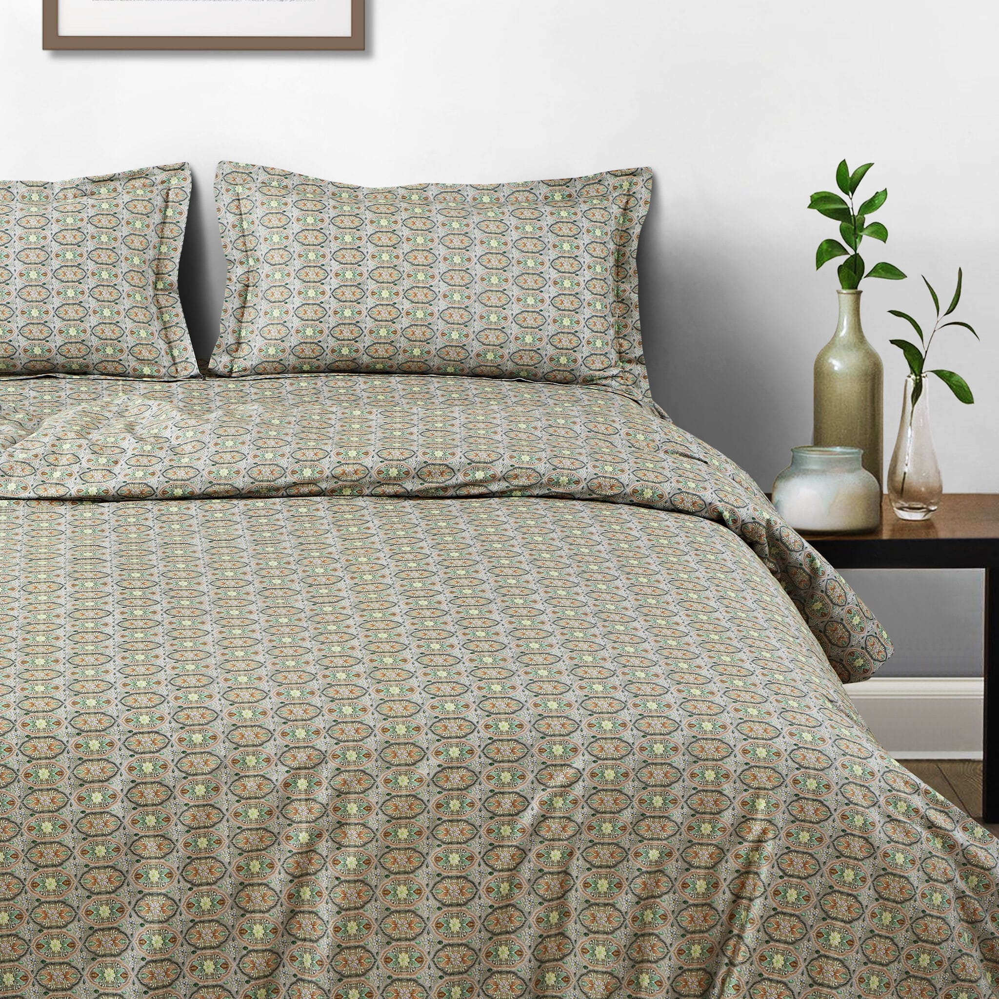 Malako Basel Bedding Set - Green Abstract 100% Cotton King Size Bedsheet With Comforter