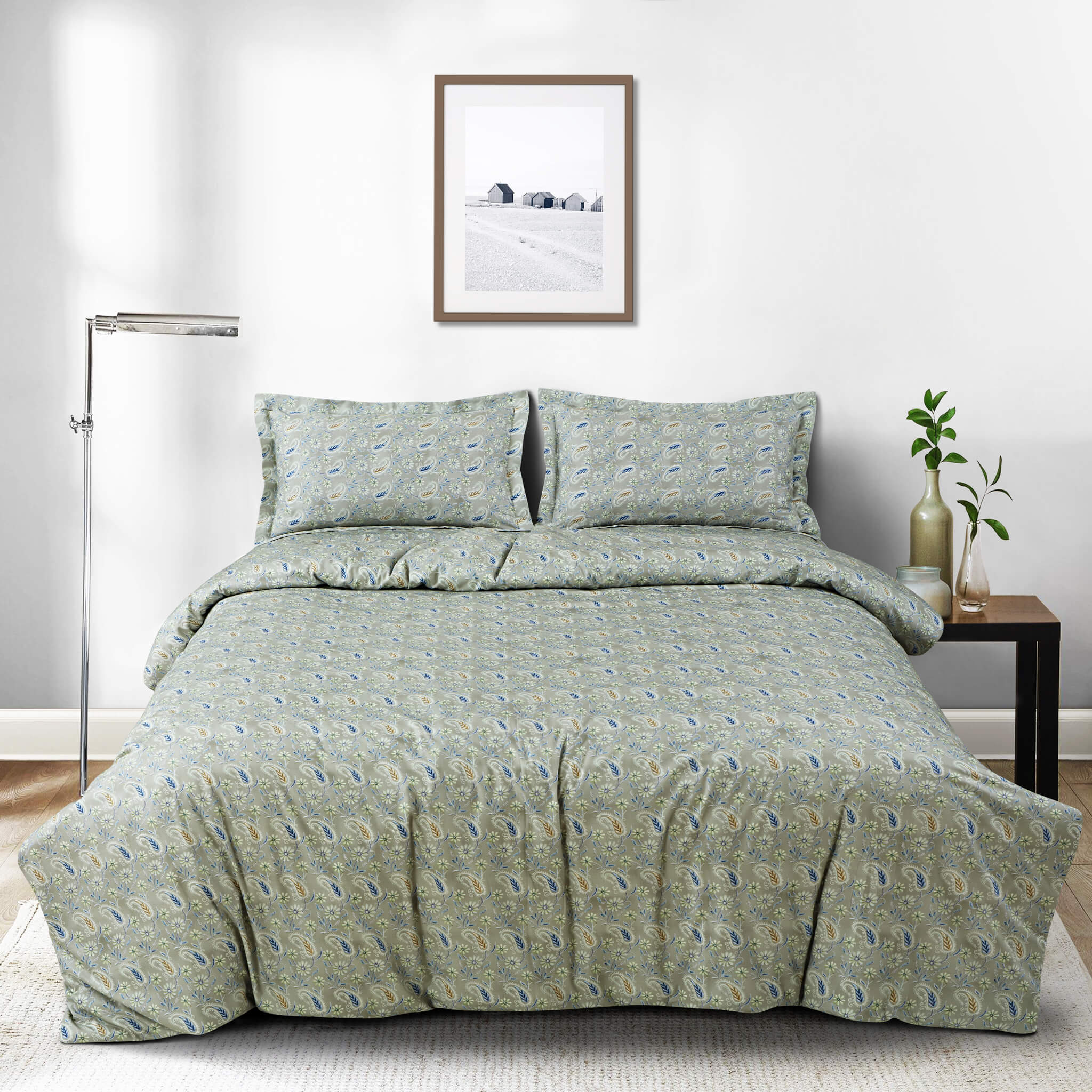 Malako Basel Bedding Set - Green Paisley 100% Cotton King Size Bedsheet With Comforter