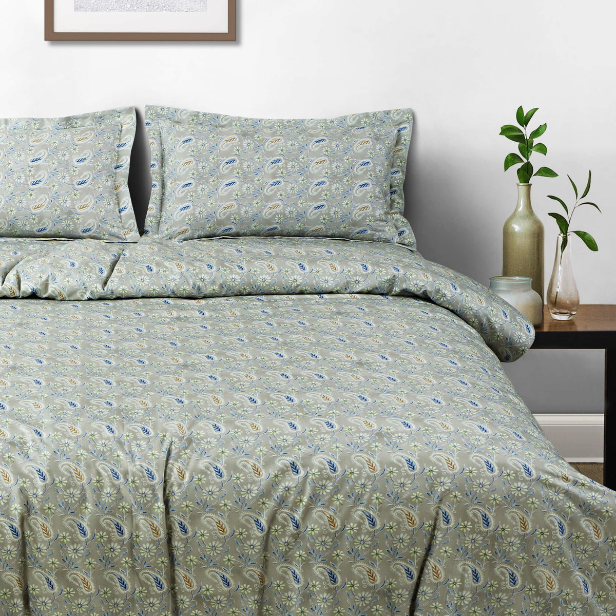 Malako Basel Bedding Set - Green Paisley 100% Cotton King Size Bedsheet With Comforter