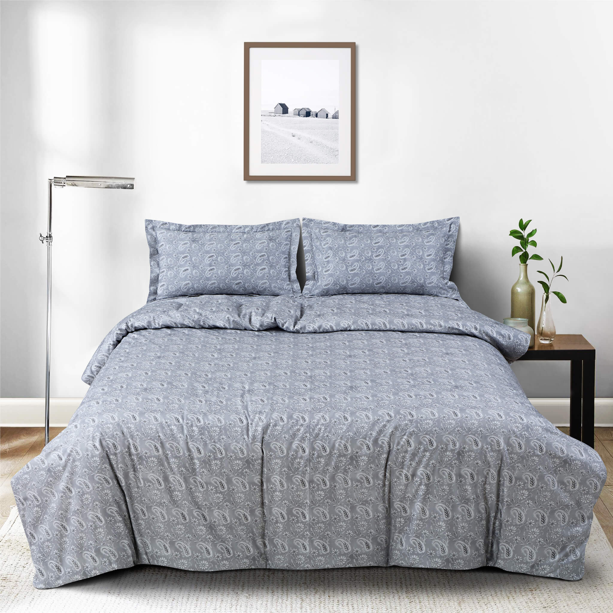 Malako Basel Bedding Set - Grey Paisley 100% Cotton King Size Bedsheet With Comforter