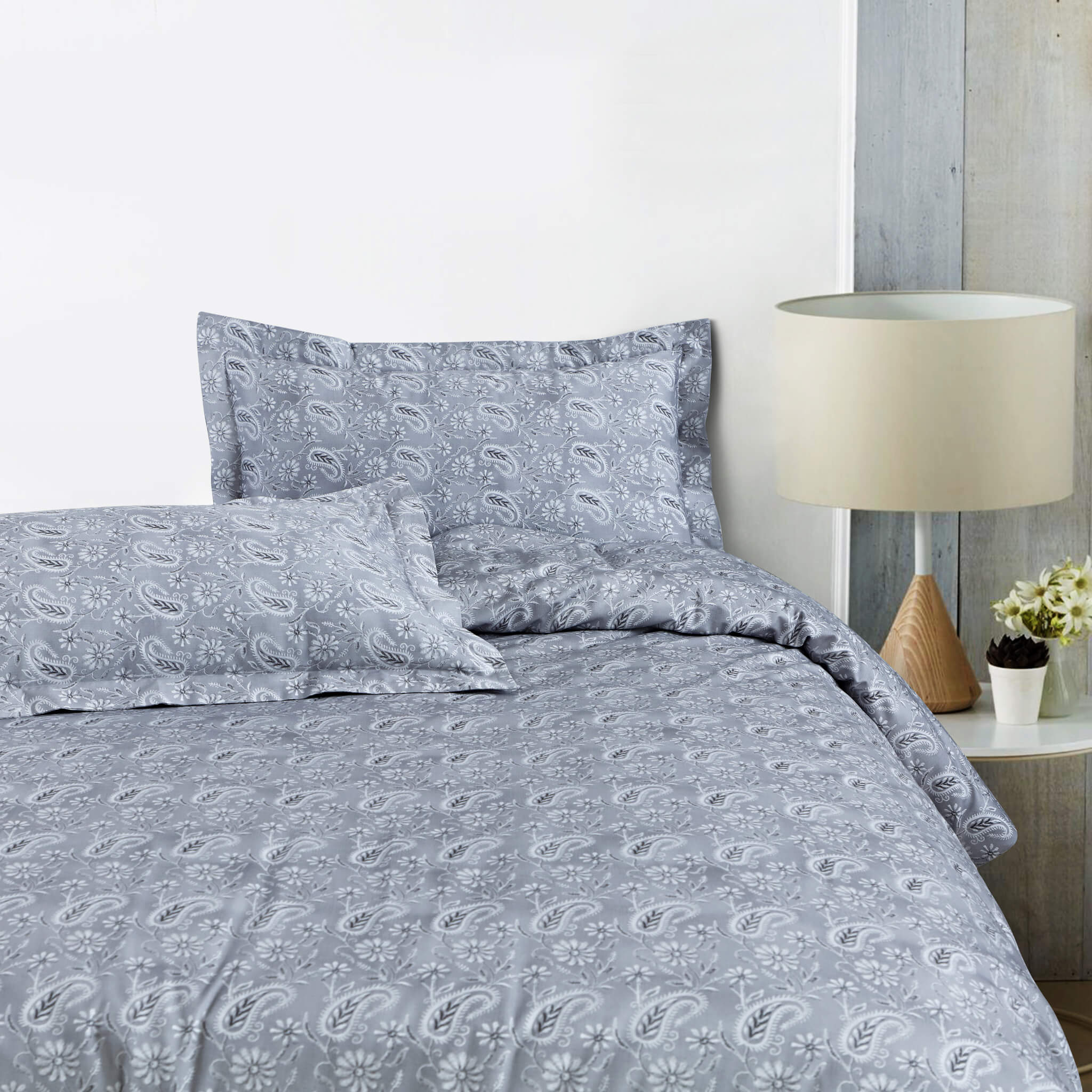 Malako Basel Bedding Set - Grey Paisley 100% Cotton King Size Bedsheet With Comforter
