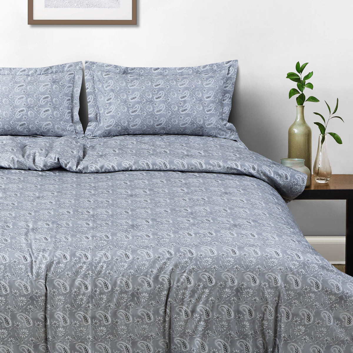 Malako Basel Bedding Set - Grey Paisley 100% Cotton King Size Bedsheet With Comforter
