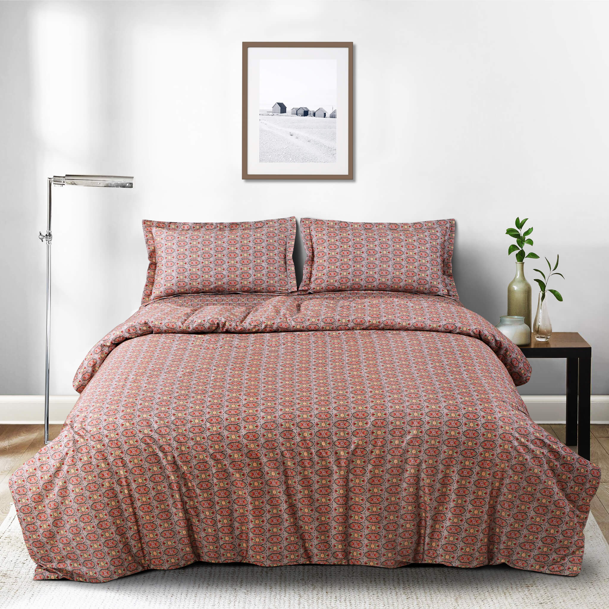 Malako Basel Bedding Set - Red Abstract 100% Cotton King Size Bedsheet With Comforter