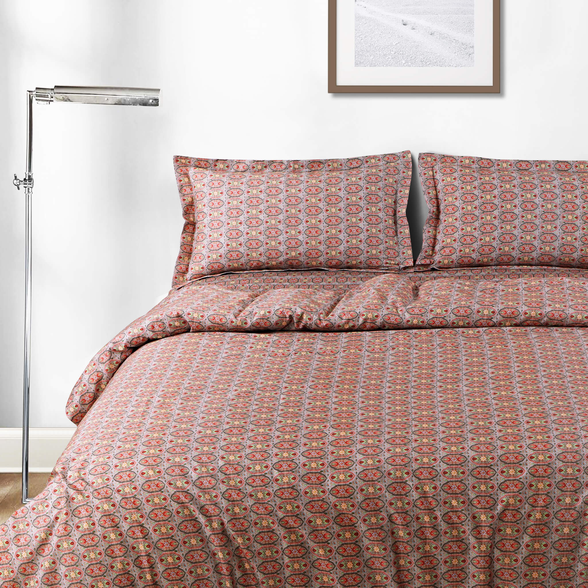 Malako Basel Bedding Set - Red Abstract 100% Cotton King Size Bedsheet With Comforter