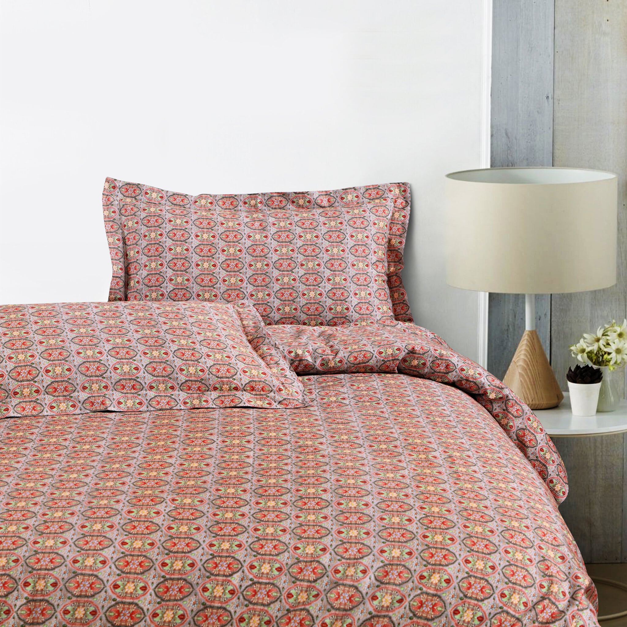 Malako Basel Bedding Set - Red Abstract 100% Cotton King Size Bedsheet With Comforter