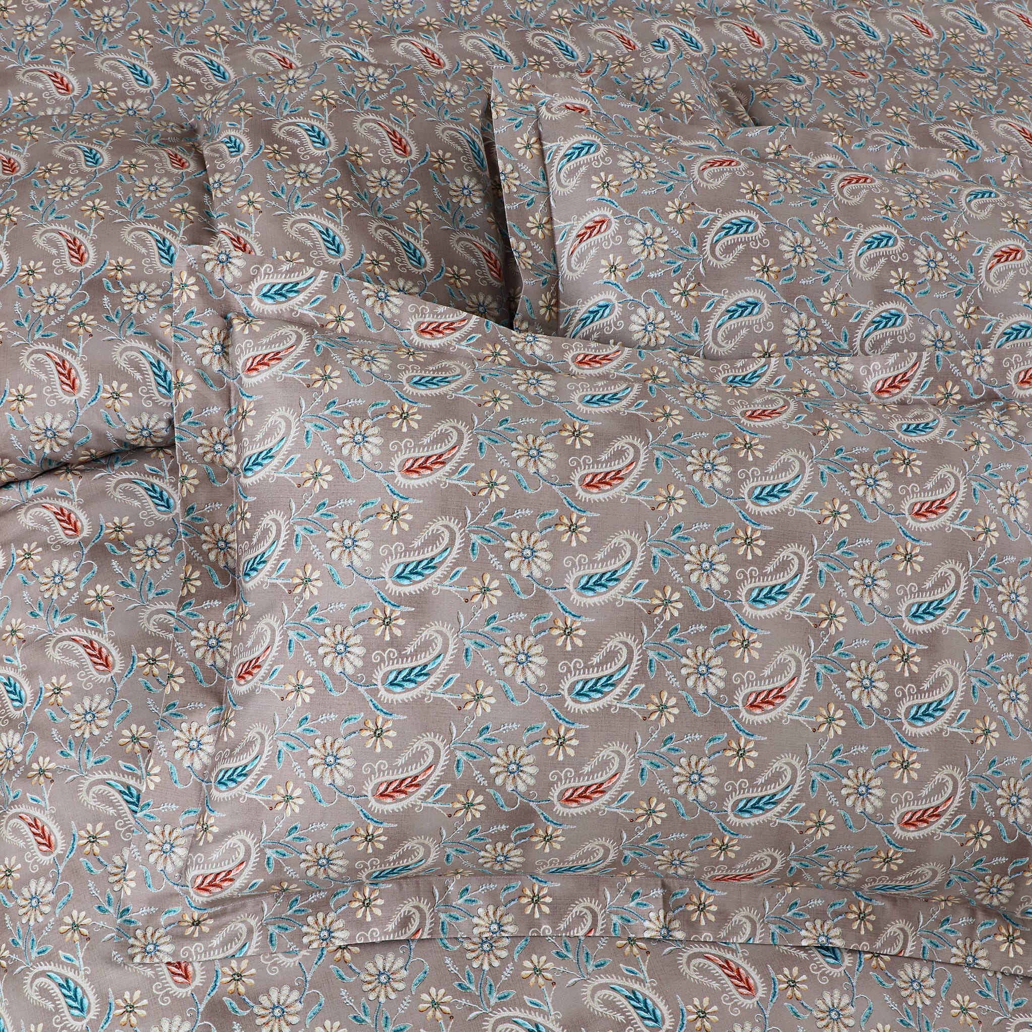 Malako Basel Bedding Set - Taupe Brown Paisley 100% Cotton King Size Bedsheet With Comforter