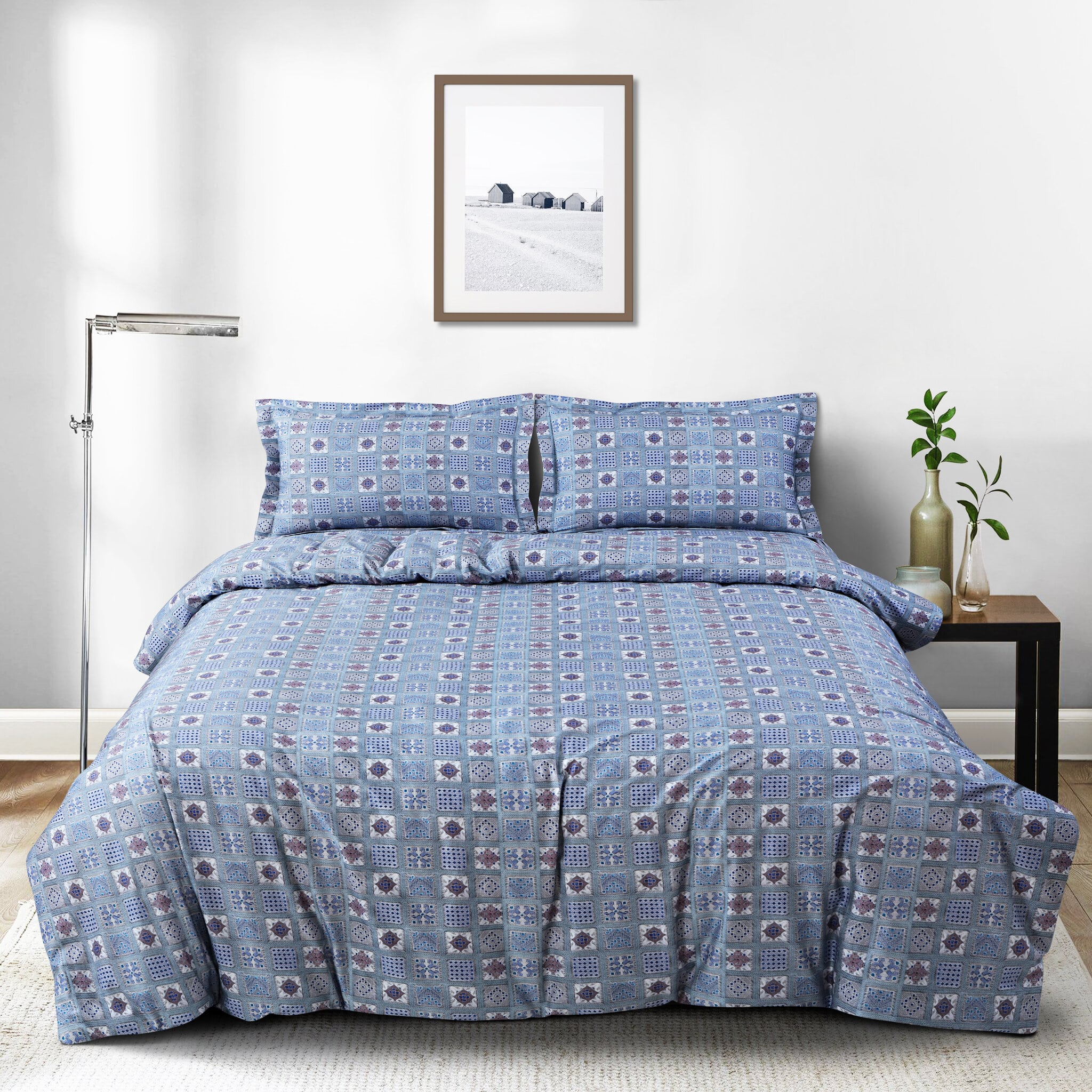 Malako Basel Blue Abstract 350 TC 100% Cotton King Size Bedsheet/Duvet Cover