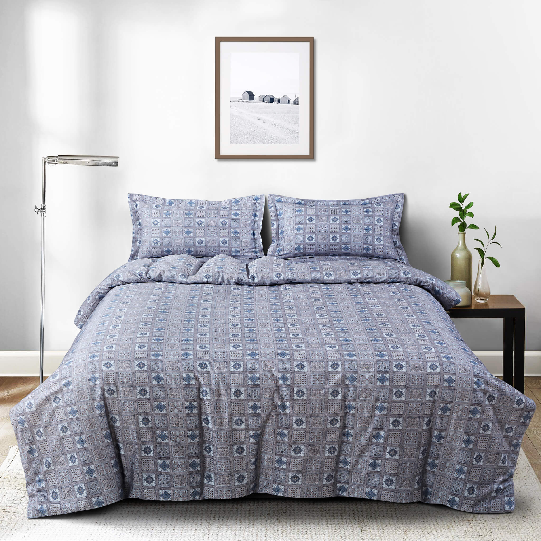 Malako Basel Grey Abstract 350 TC 100% Cotton King Size Bedsheet/Duvet Cover