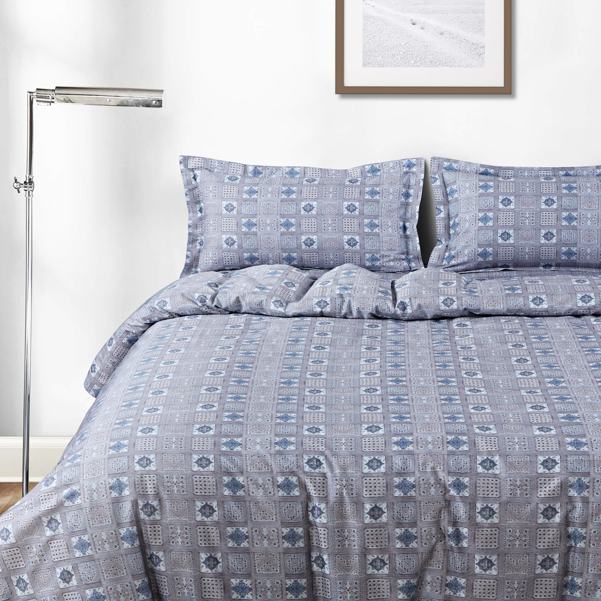 Malako Basel Grey Abstract 350 TC 100% Cotton King Size Bedsheet/Duvet Cover