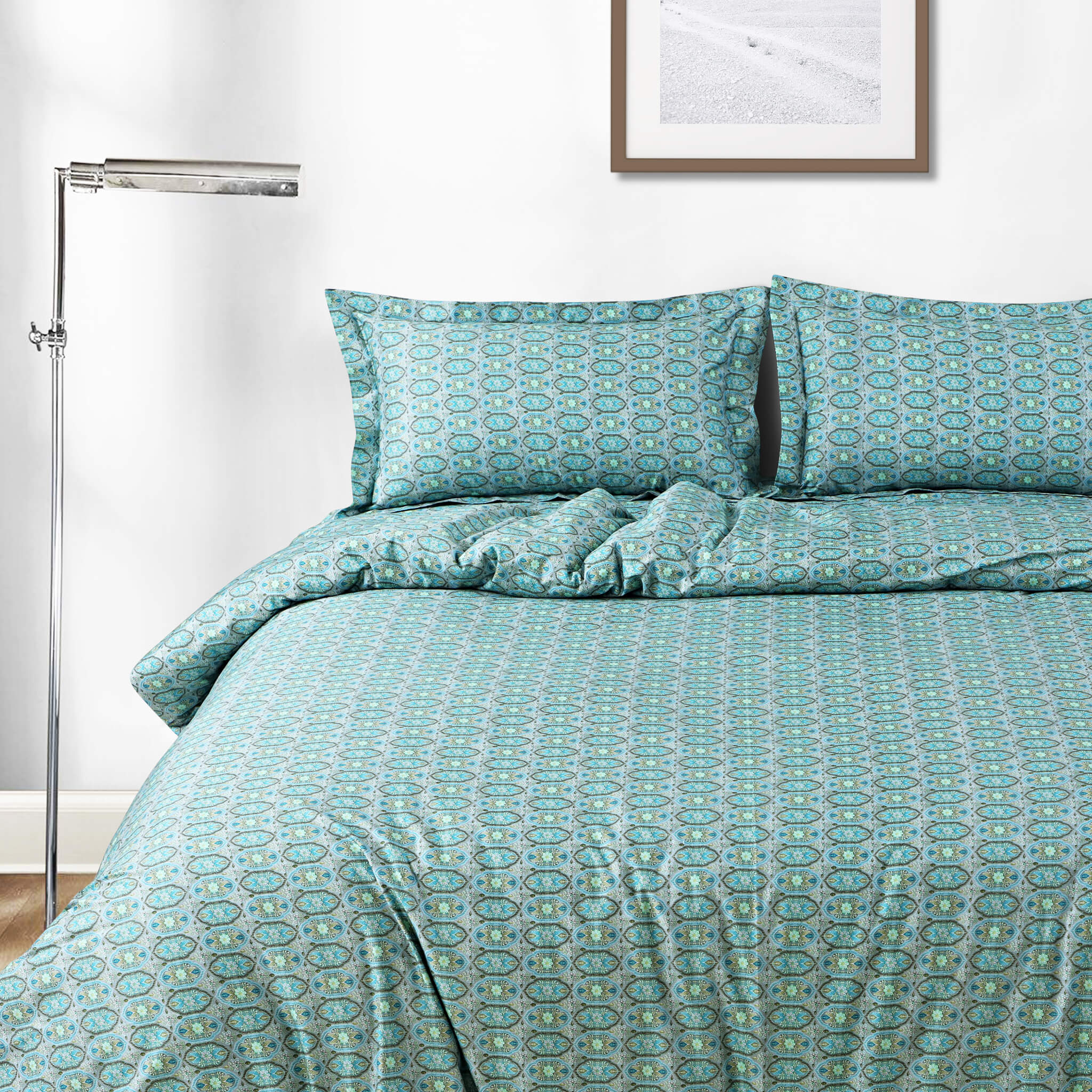 Malako Basel Turquoise Blue Abstract 350 TC 100% Cotton King Size Bedsheet/Duvet Cover