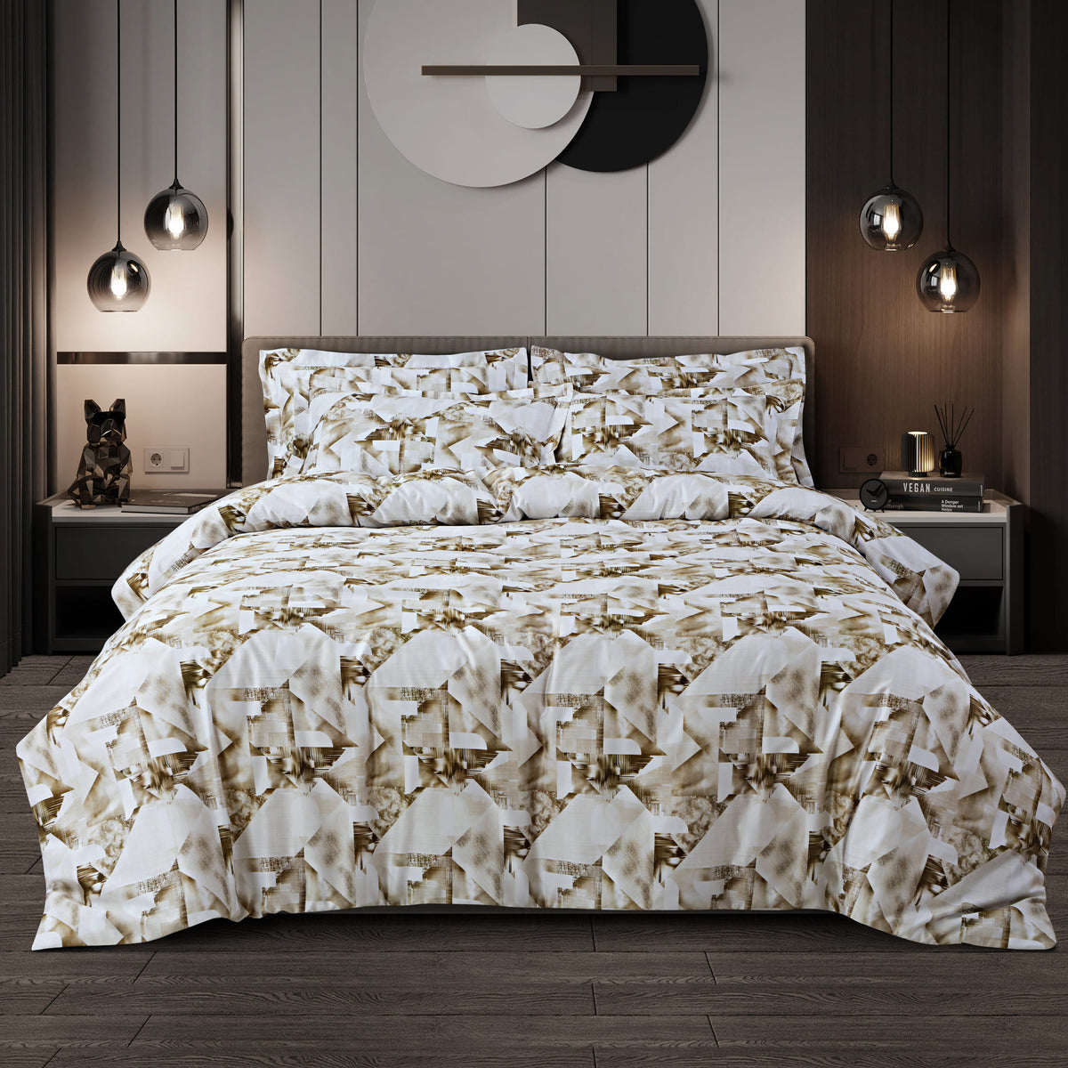 Malako Caèn Bedding Set - White & Beige Abstract 100% Cotton King Size Bedsheet With Comforter