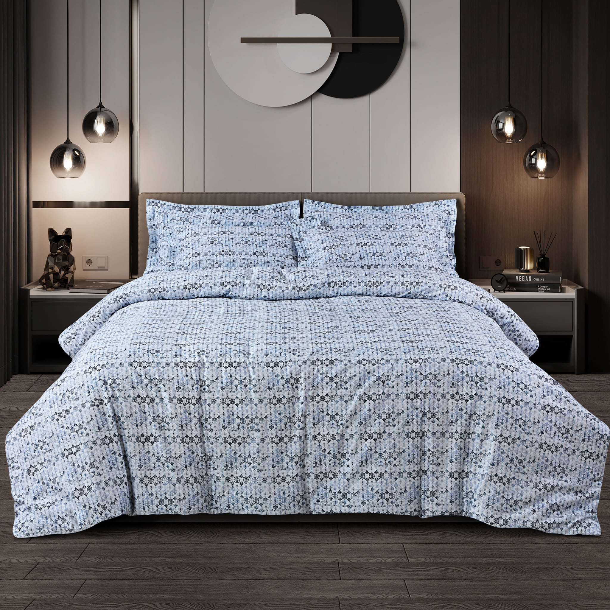Malako Caèn Bedding Set - White & Blue Abstract 100% Cotton King Size Bedsheet With Comforter