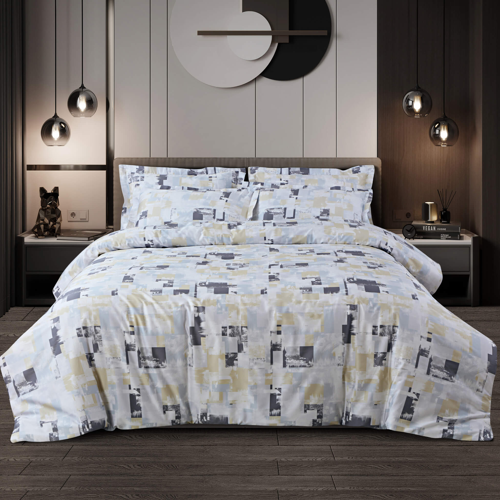 Malako Caèn Bedding Set - White & Blue Abstract 100% Cotton King Size Bedsheet With Comforter