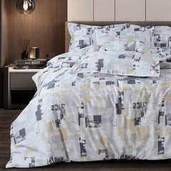 Malako Caèn Bedding Set - White & Blue Abstract 100% Cotton King Size Bedsheet With Comforter