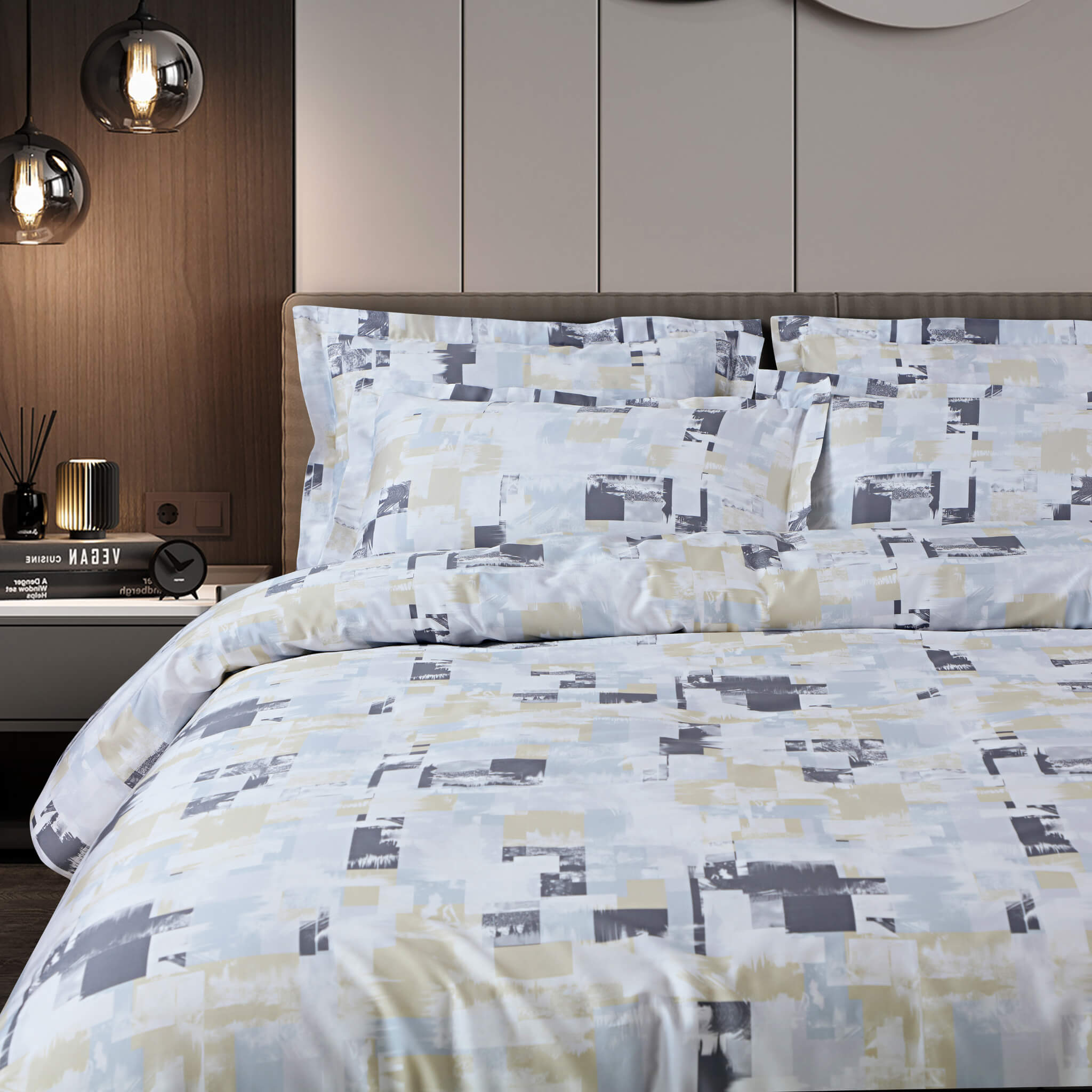 Malako Caèn Bedding Set - White & Blue Abstract 100% Cotton King Size Bedsheet With Comforter