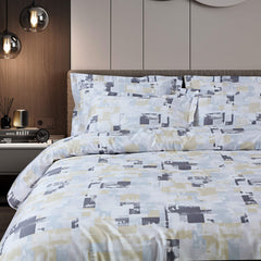 Malako Caèn Bedding Set - White & Blue Abstract 100% Cotton King Size Bedsheet With Comforter