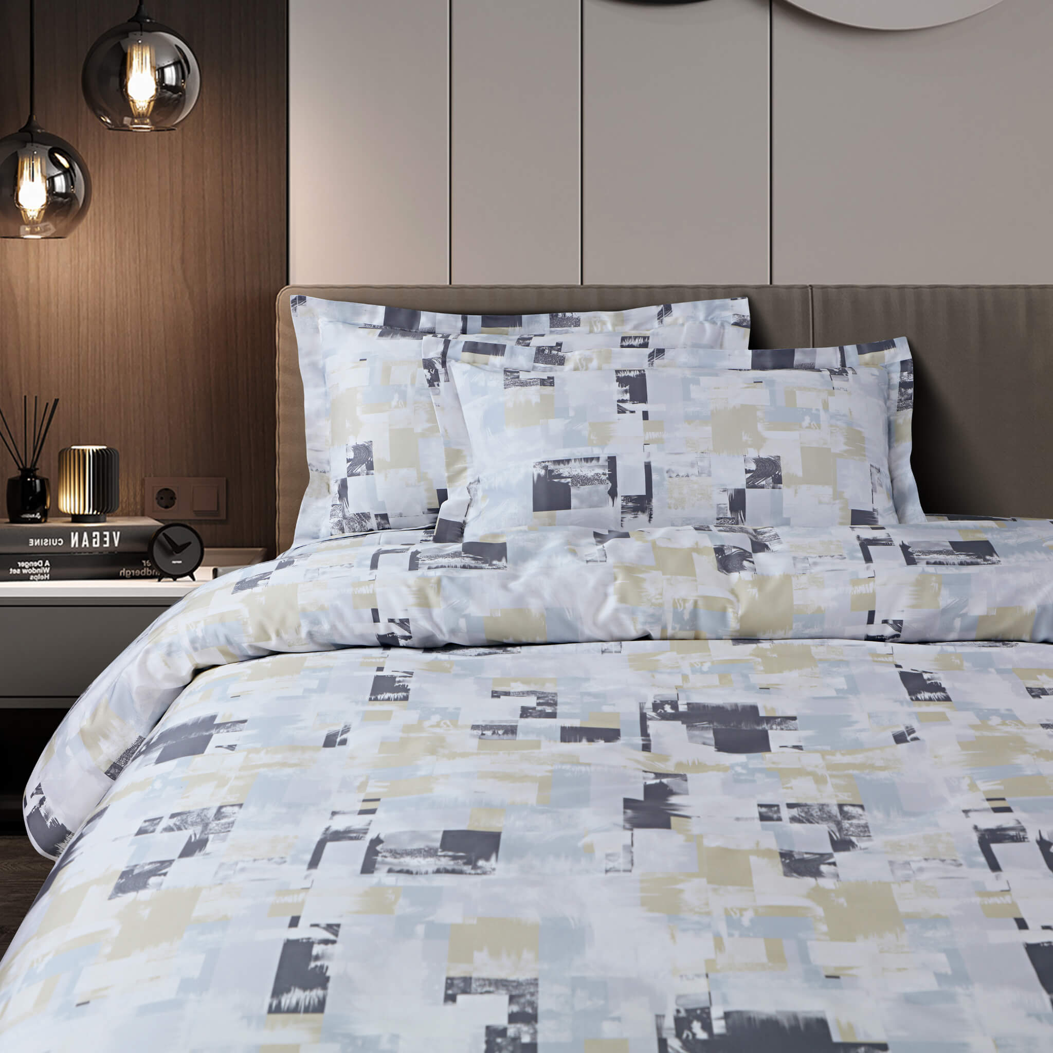 Malako Caèn Bedding Set - White & Blue Abstract 100% Cotton King Size Bedsheet With Comforter