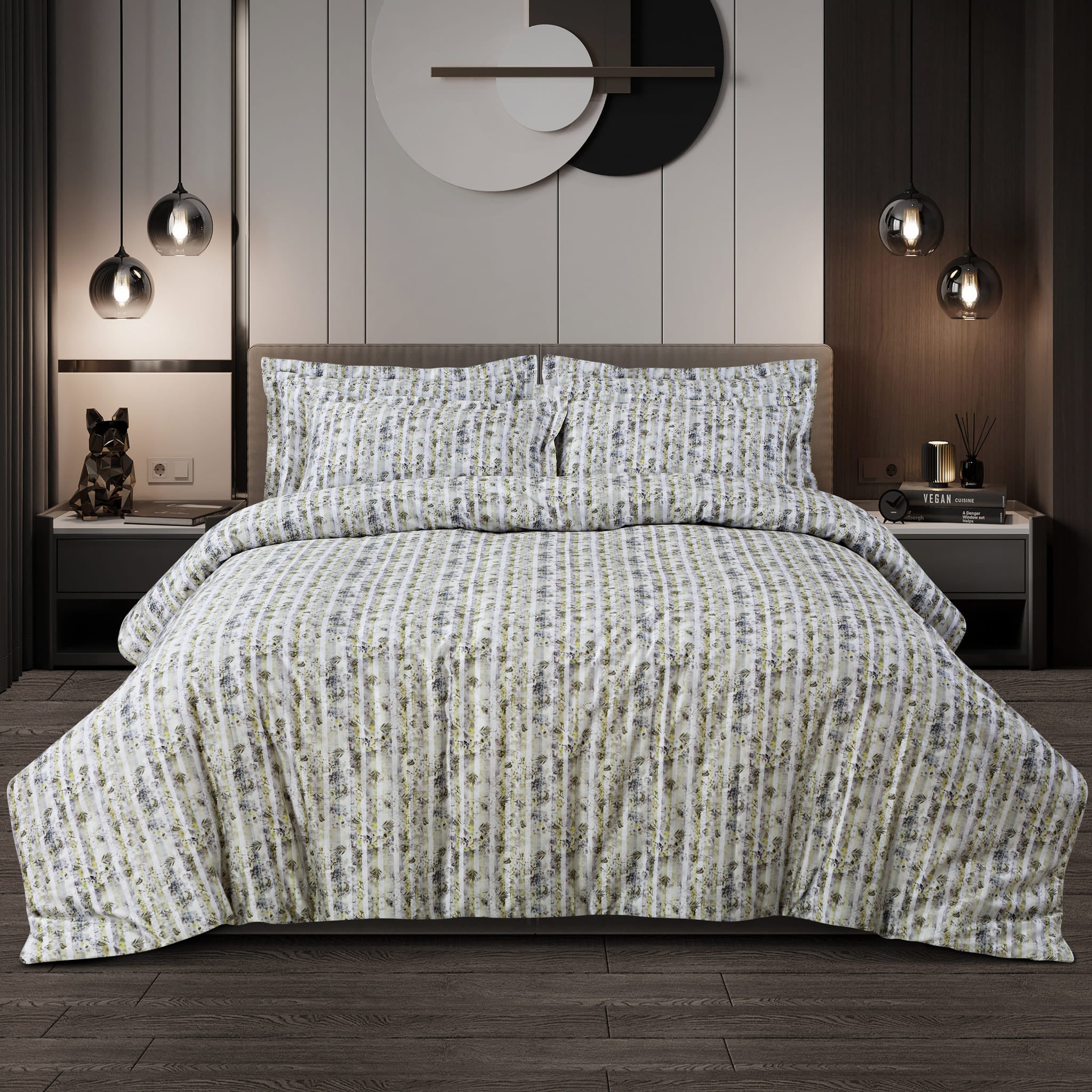 Malako Caèn Bedding Set - White & Green Abstract 100% Cotton King Size Bedsheet With Comforter