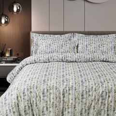 Malako Caèn Bedding Set - White & Green Abstract 100% Cotton King Size Bedsheet With Comforter