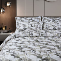 Malako Caèn Bedding Set - White & Grey Abstract 100% Cotton King Size Bedsheet With Comforter