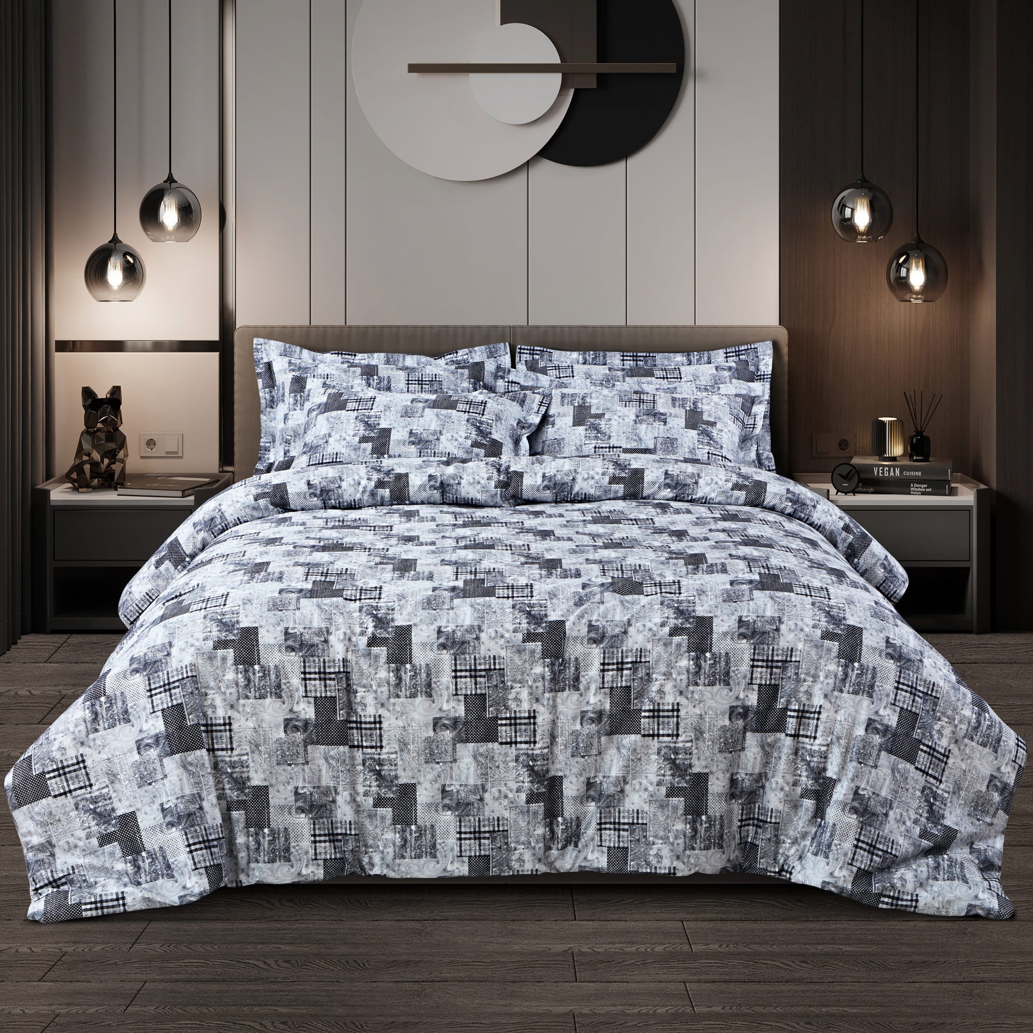 Malako Caèn Bedding Set - White & Grey Abstract 100% Cotton King Size Bedsheet With Comforter
