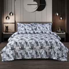 Malako Caèn Bedding Set - White & Grey Abstract 100% Cotton King Size Bedsheet With Comforter