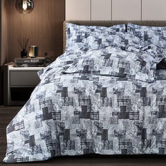 Malako Caèn Bedding Set - White & Grey Abstract 100% Cotton King Size Bedsheet With Comforter