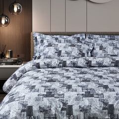 Malako Caèn Bedding Set - White & Grey Abstract 100% Cotton King Size Bedsheet With Comforter