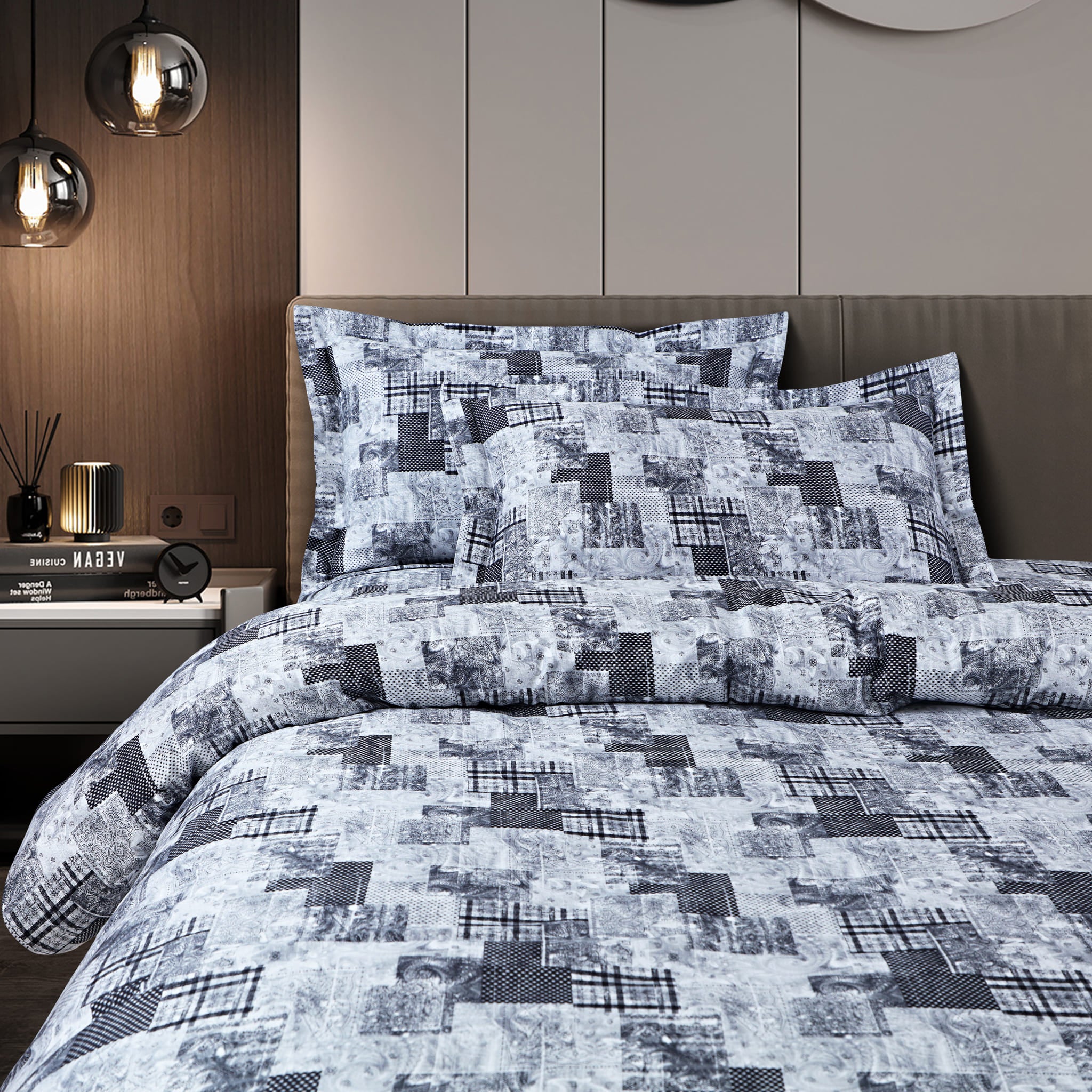 Malako Caèn Bedding Set - White & Grey Abstract 100% Cotton King Size Bedsheet With Comforter