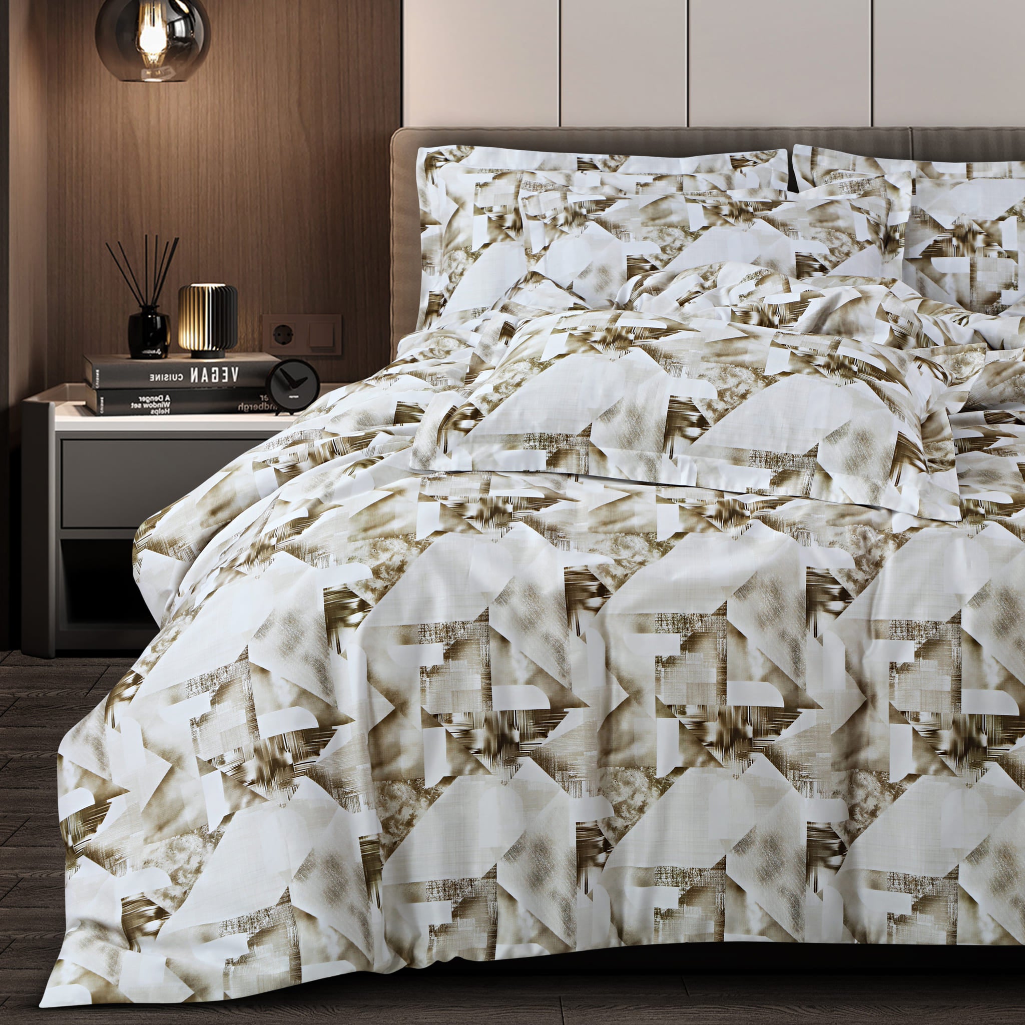 Malako Caèn White & Beige Abstract 400 TC 100% Cotton King Size Bedsheet/Duvet Cover