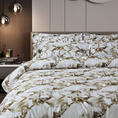 Malako Caèn White & Beige Abstract 400 TC 100% Cotton King Size Bedsheet/Duvet Cover