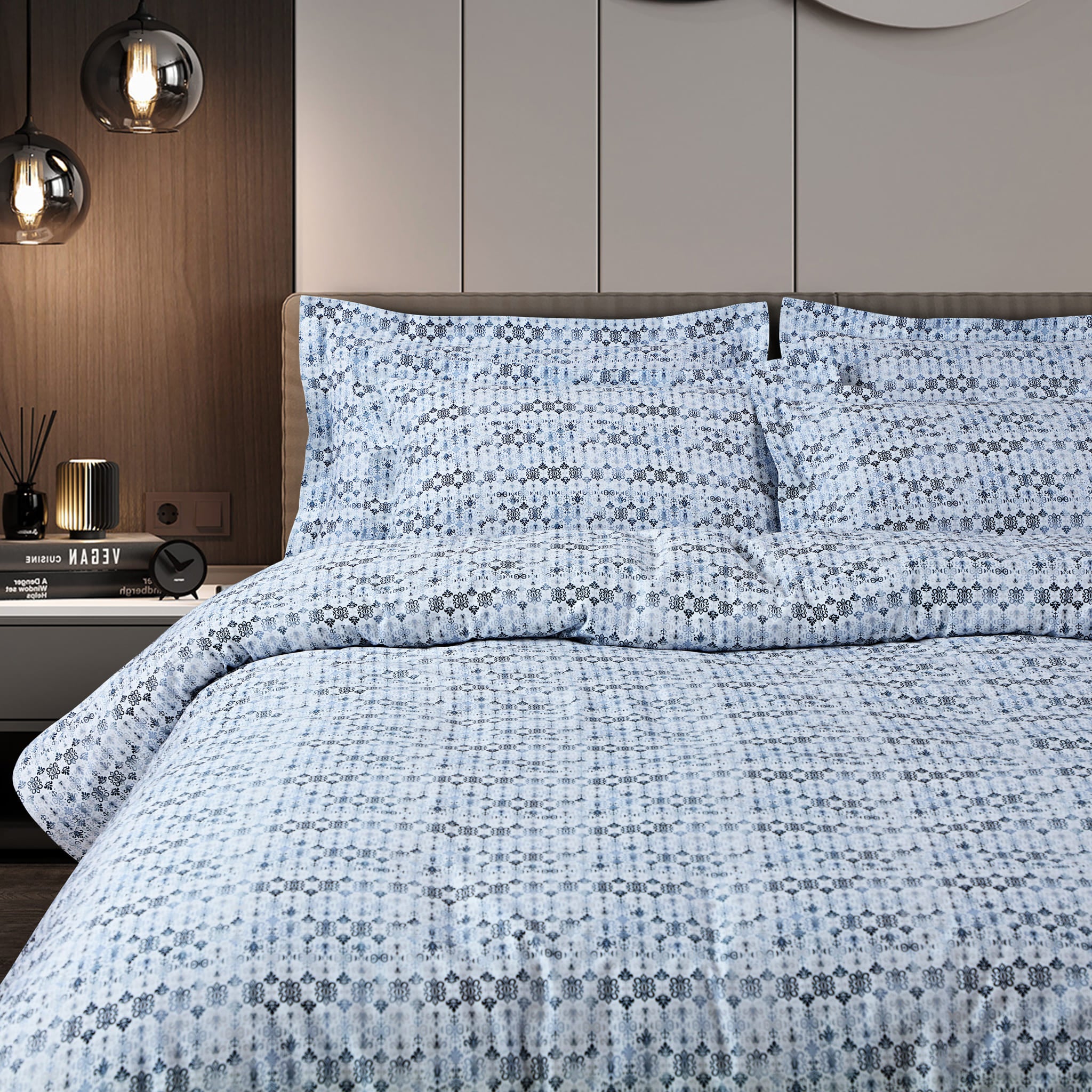 Malako Caèn White & Blue Abstract 400 TC 100% Cotton King Size Bedsheet/Duvet Cover
