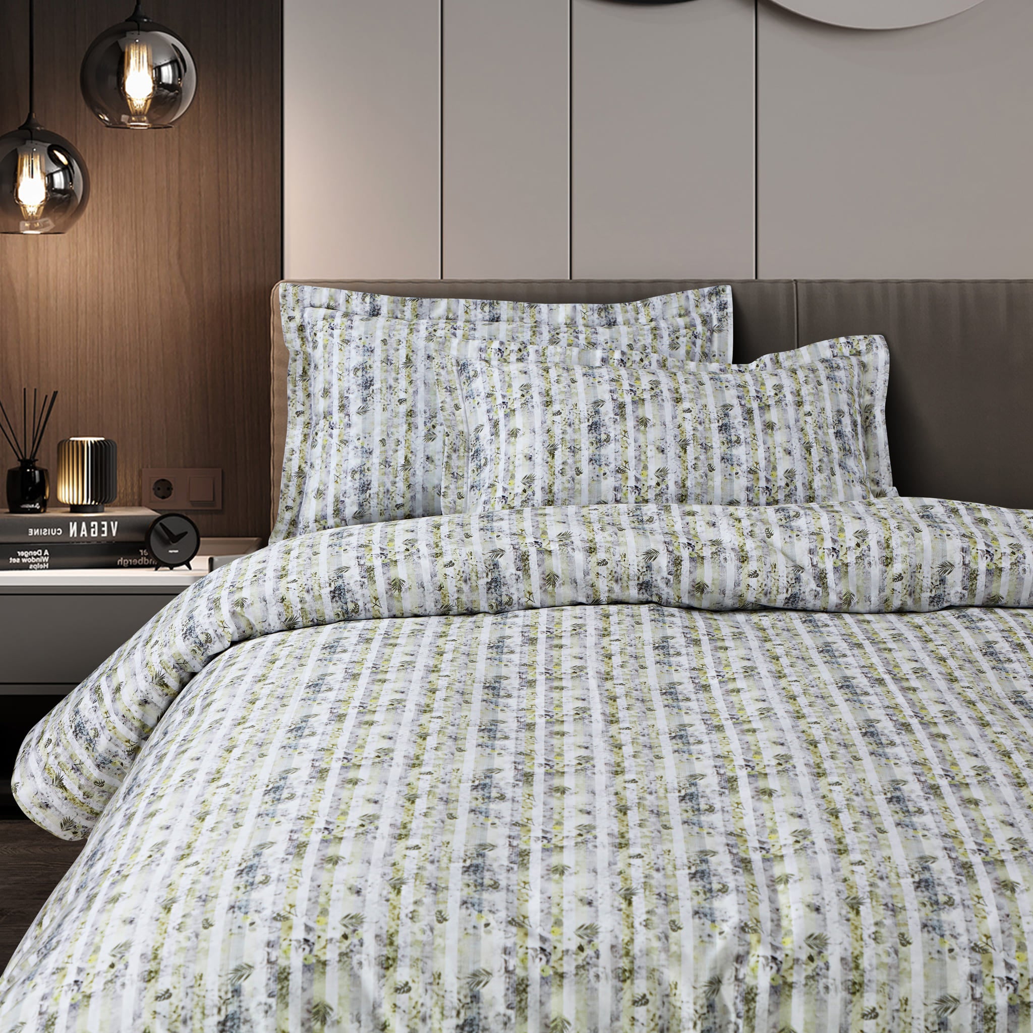 Malako Caèn White & Green Abstract 400 TC 100% Cotton King Size Bedsheet/Duvet Cover