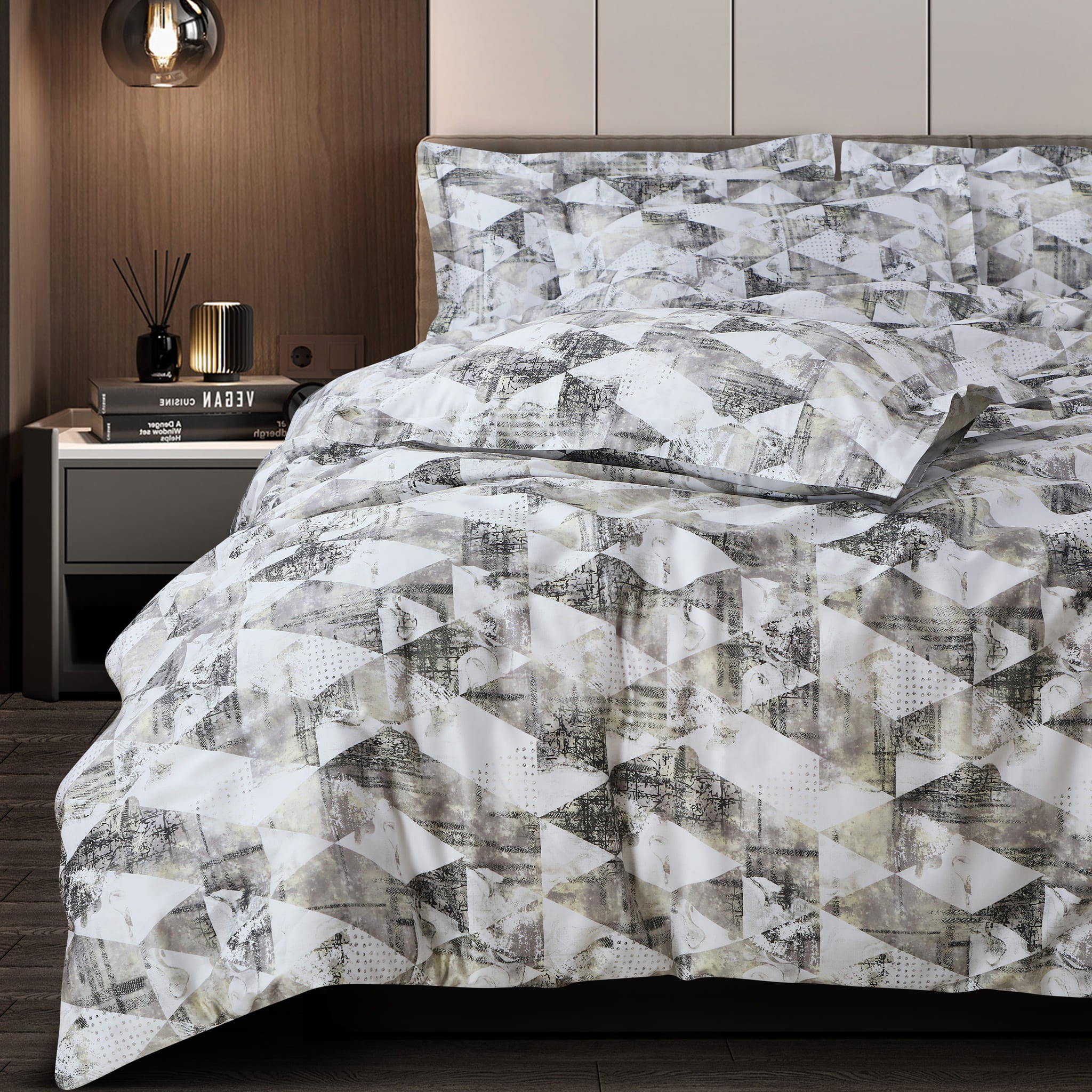 Malako Caèn White & Grey Abstract 400 TC 100% Cotton King Size Bedsheet/Duvet Cover